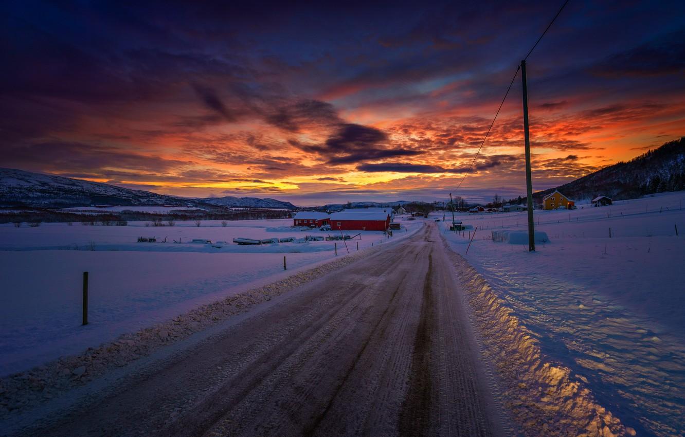 Wallpaper twilight, road, sunset, winter, mountains, snow, dusk