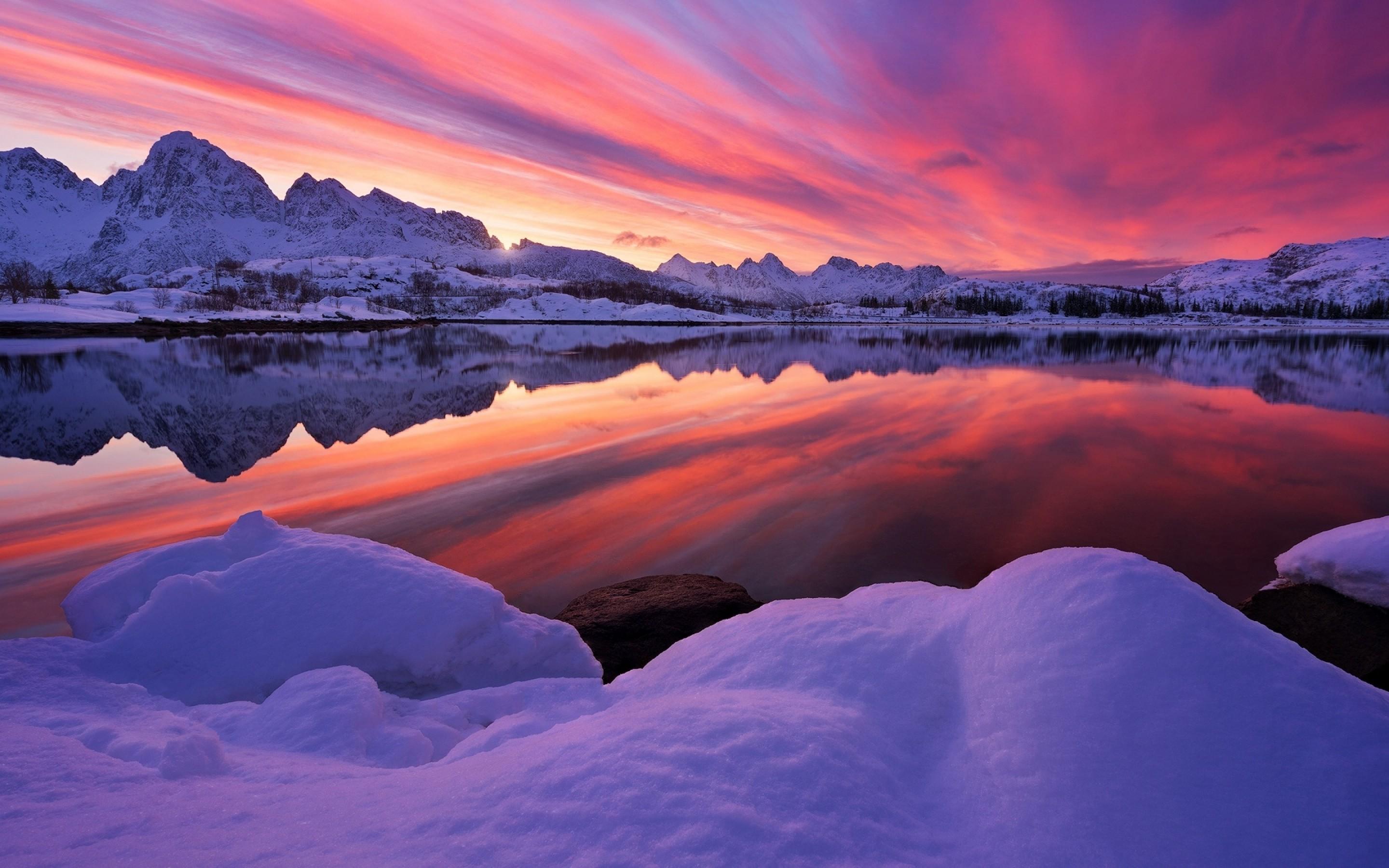 Download 2880x1800 Lake, Sunset, Reflection, Winter, Snow