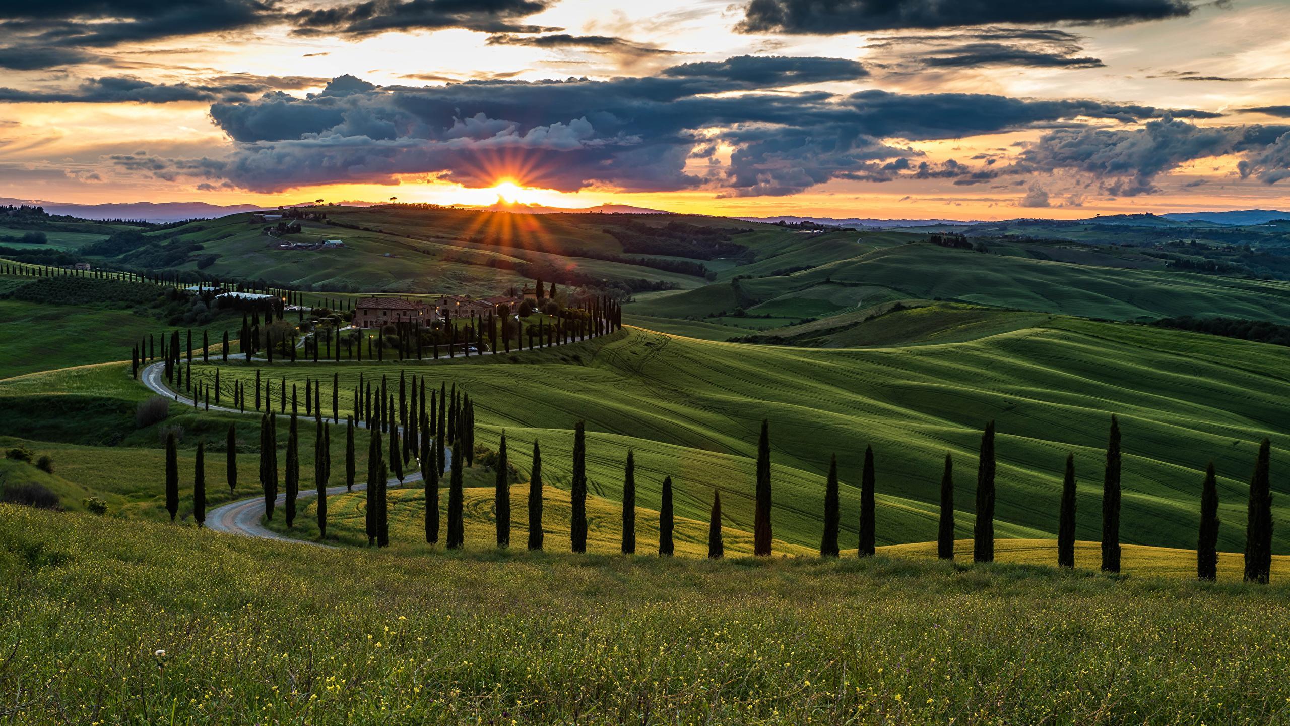 Picture Tuscany Italy Nature Sky Hill Fields Scenery 2560x1440