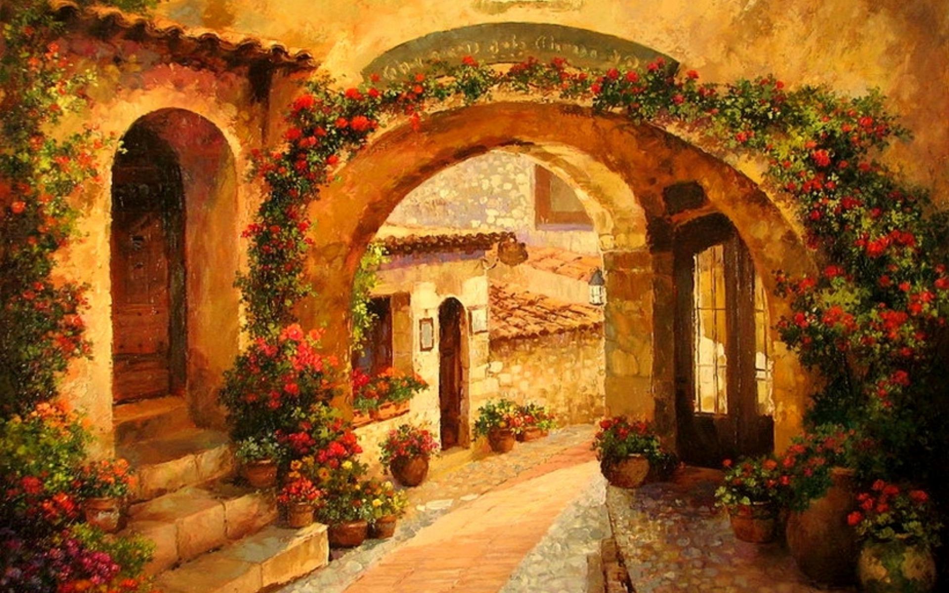 Courtyard Red Flowers Tuscany desktop PC and Mac wallpaper