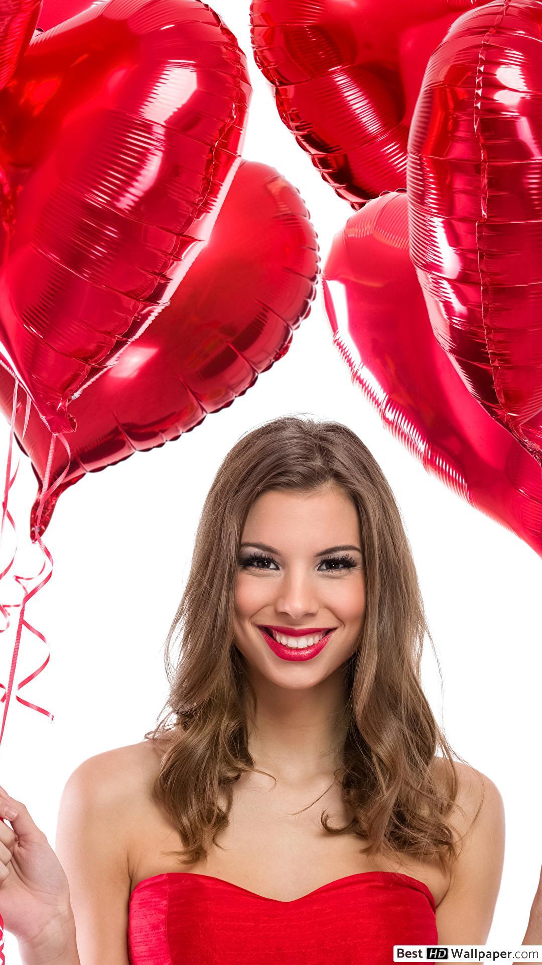 Valentine's day girl with red heart balloons HD