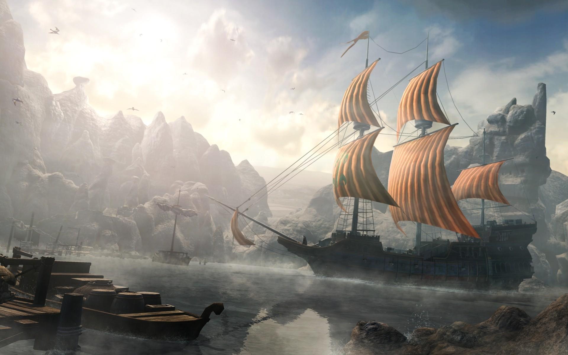 ships, mist, fantasy art, artwork, Harbor, port, sails wallpaper