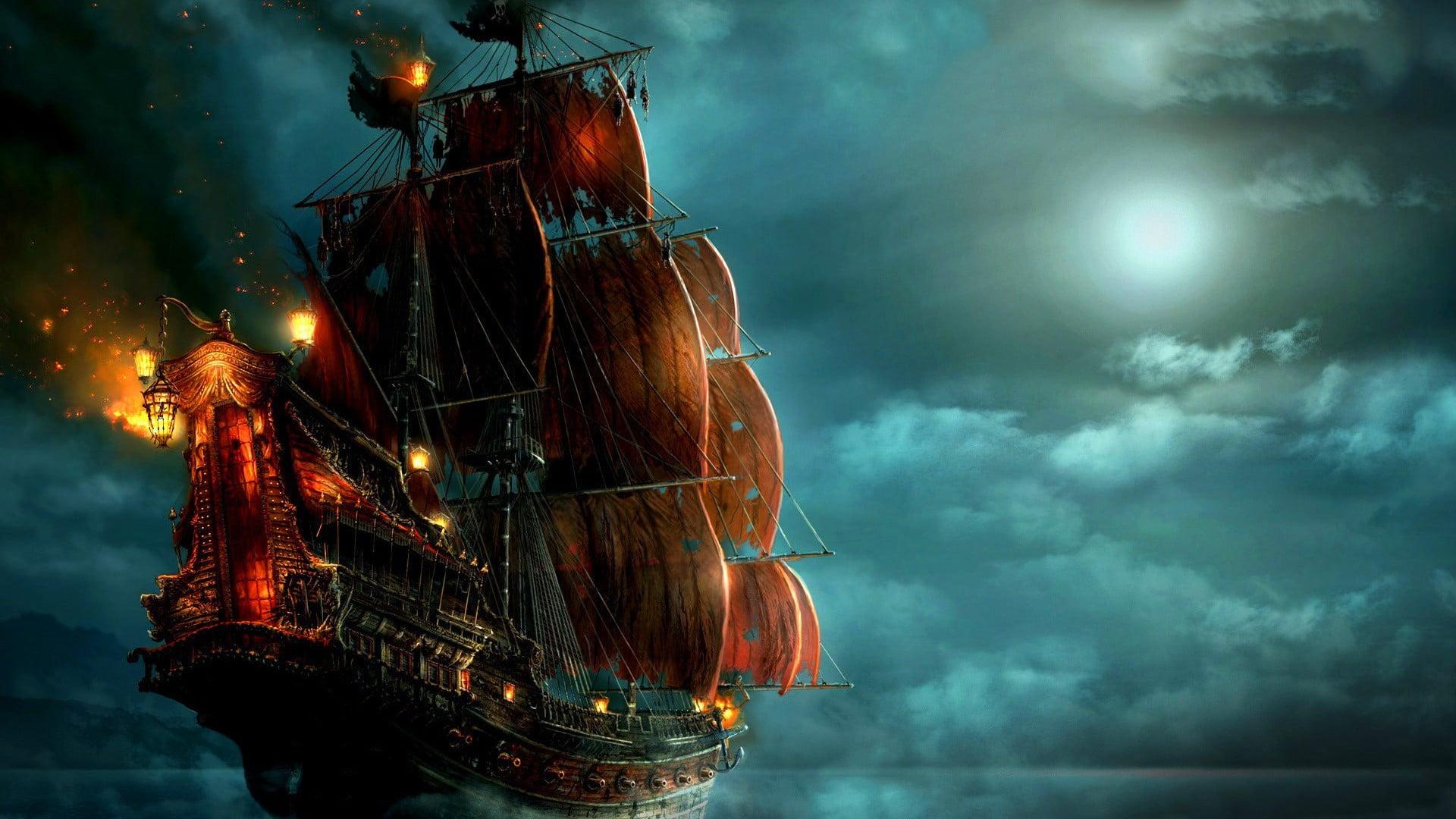 Brown galleon ship digital wallpaper, pirates, ship, night