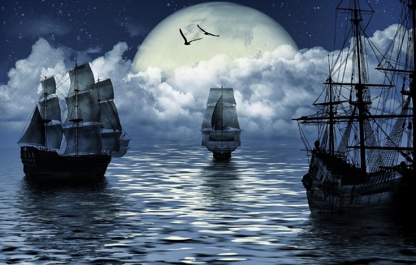 Wallpaper sea, fantasy, the moon, ship, moon, fantasy, sea, ship