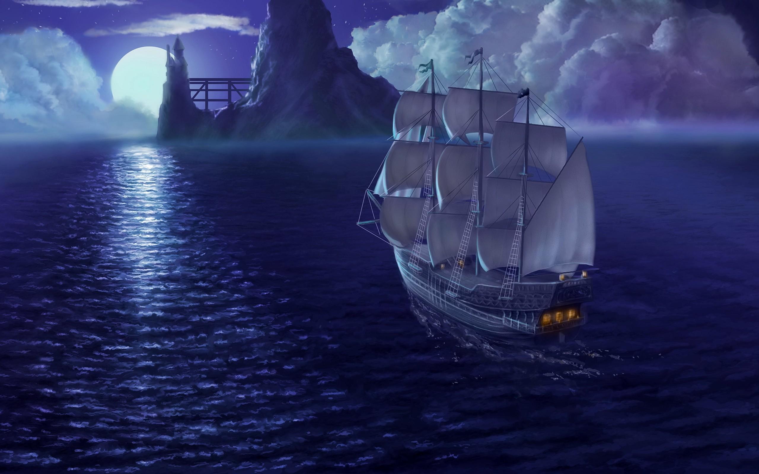 Free download rendering sea ship sail moon night sky ships fantasy