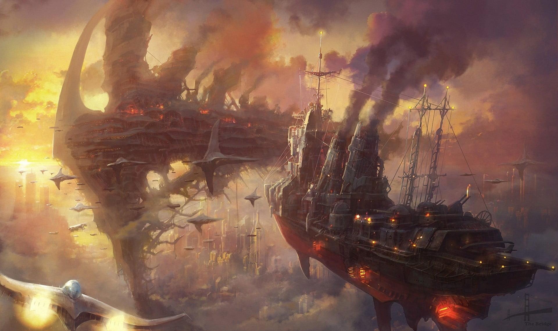 Pirate ship illustration, fantasy art, steampunk, sailing ship HD