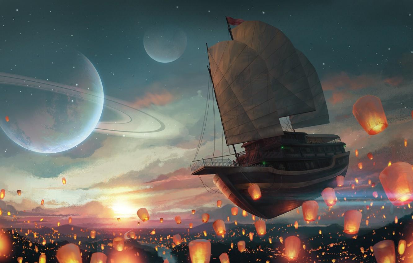 Wallpaper Flight, Ship, Light, Planet, Fantasy, Sails, Space, Art