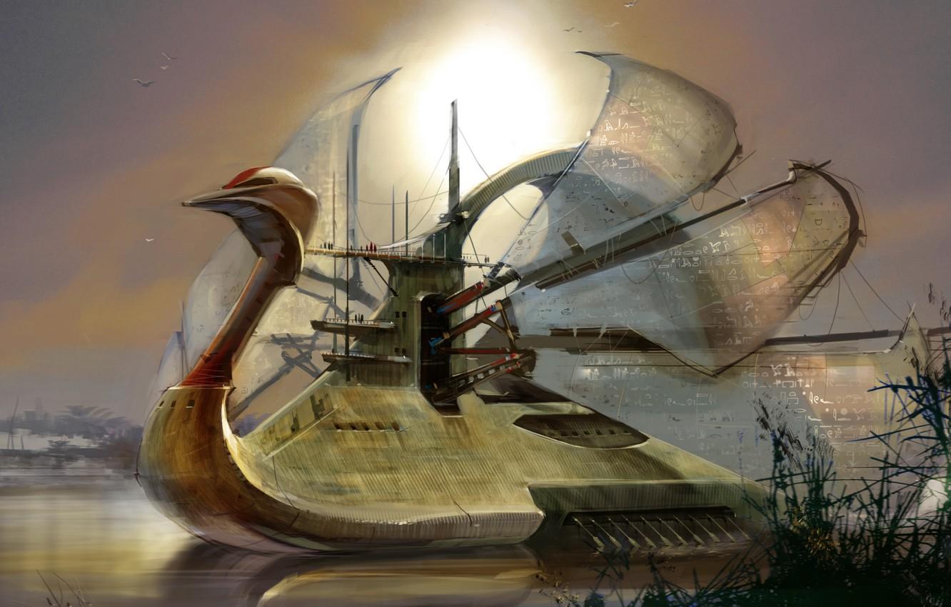 Wallpaper Swan, River, Ship, The ship, Fantasy, Sails, Art