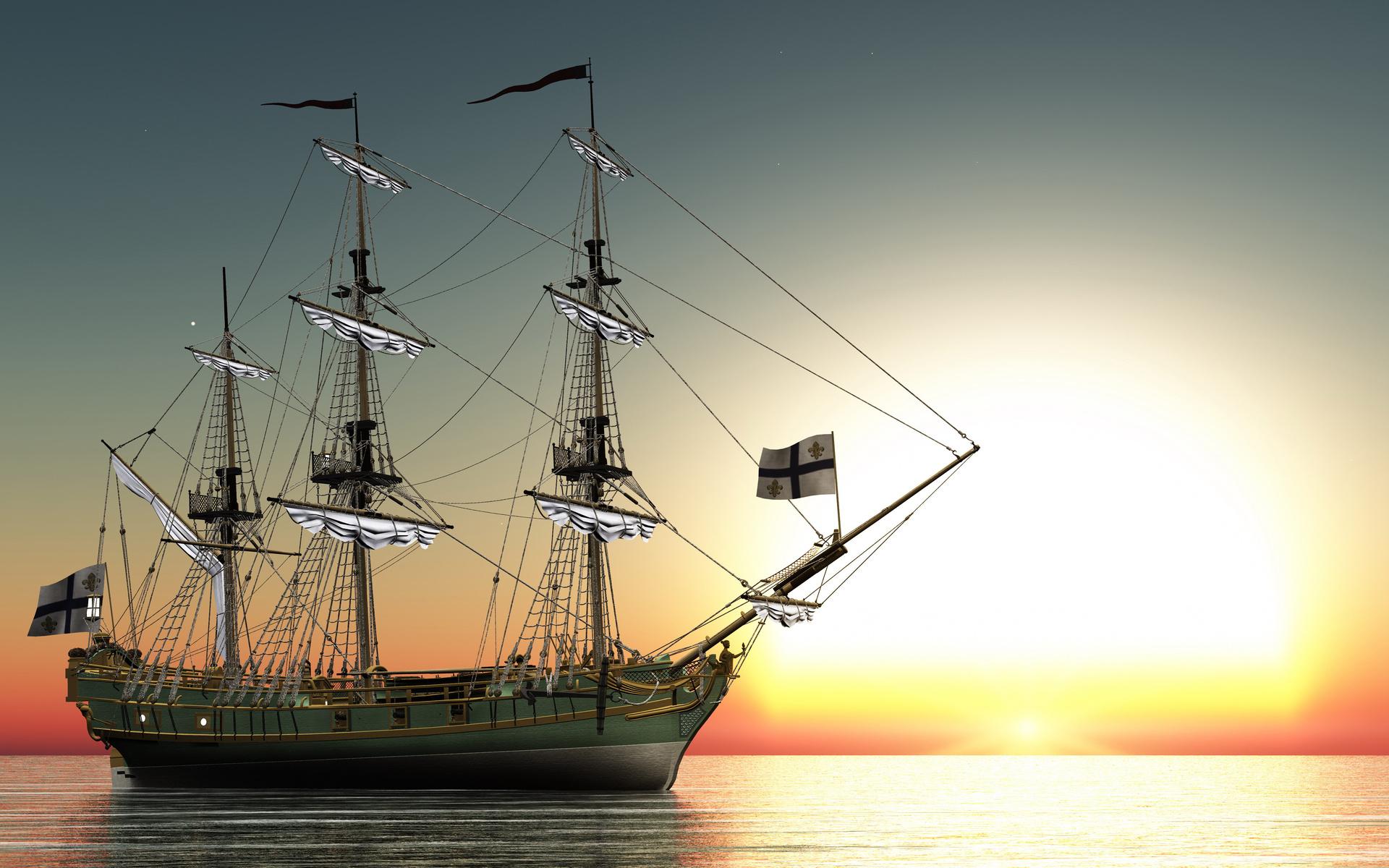 reflection 3D cg digital art fantasy sailing boats ships ocean sea