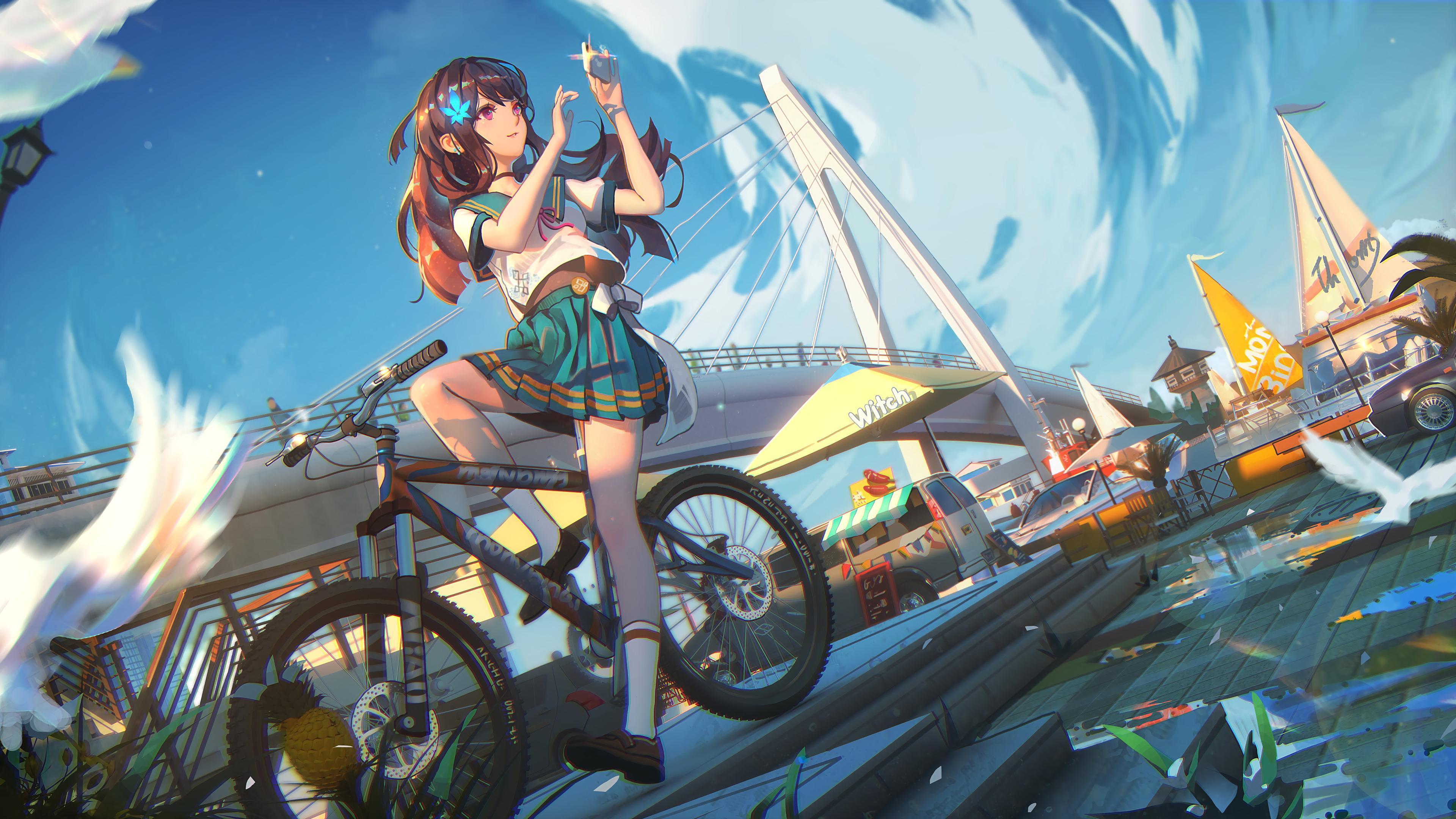 Anime student girl on a bicycle Wallpapers 4k Ultra HD ID:3722