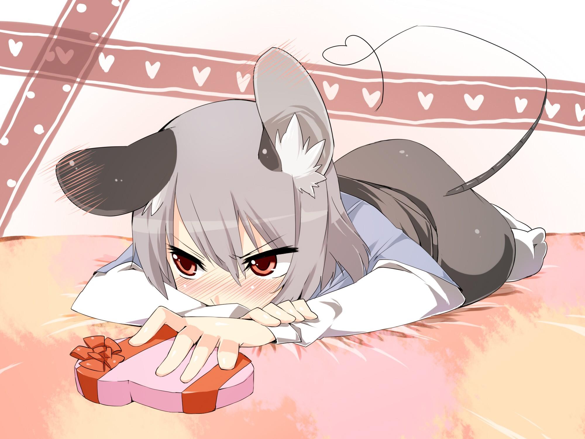 animal ears, red eyes, Touhou, tails, gray hair, valentines day