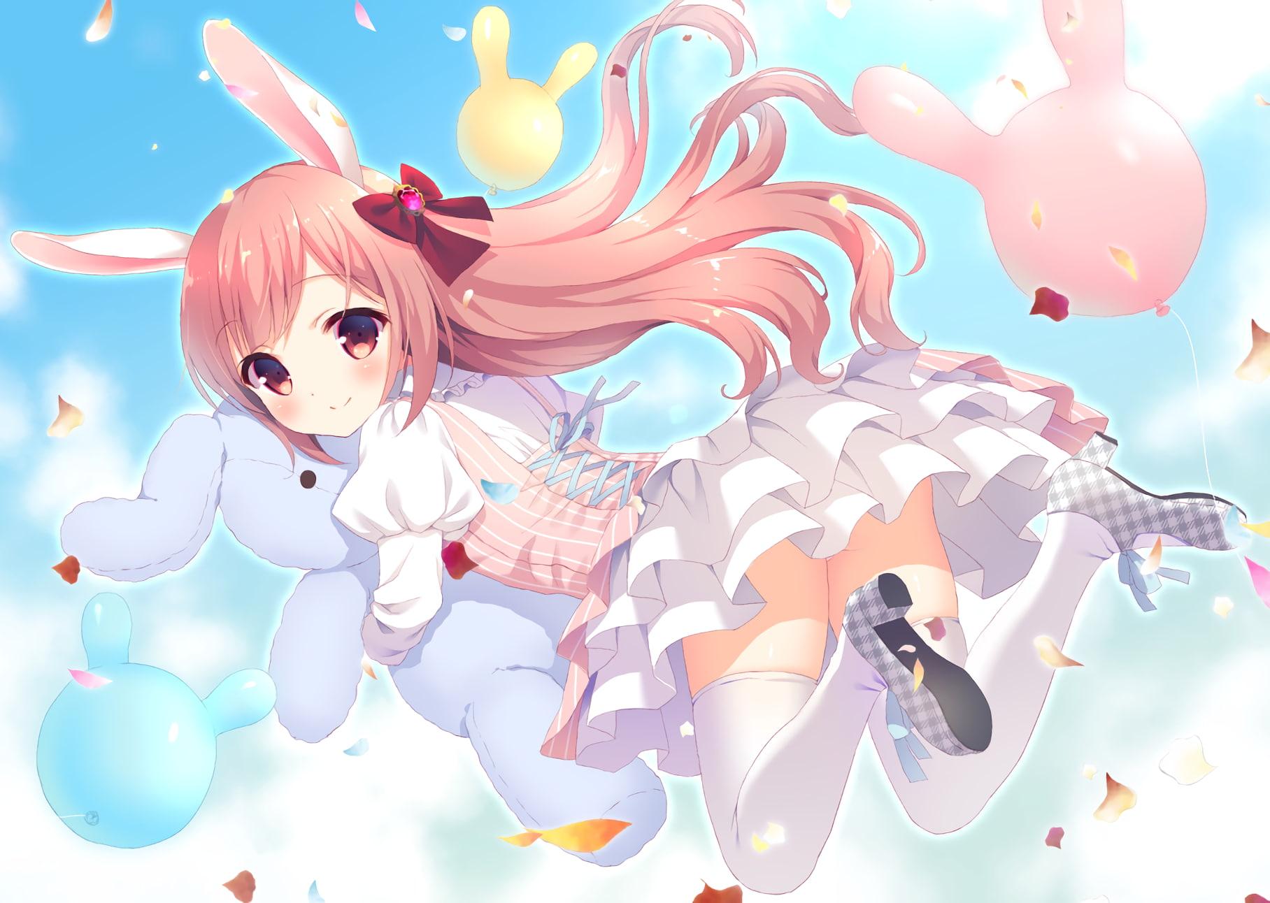 Anime girl, bunny ears, loli, dress, jumping, Anime, HD wallpaper