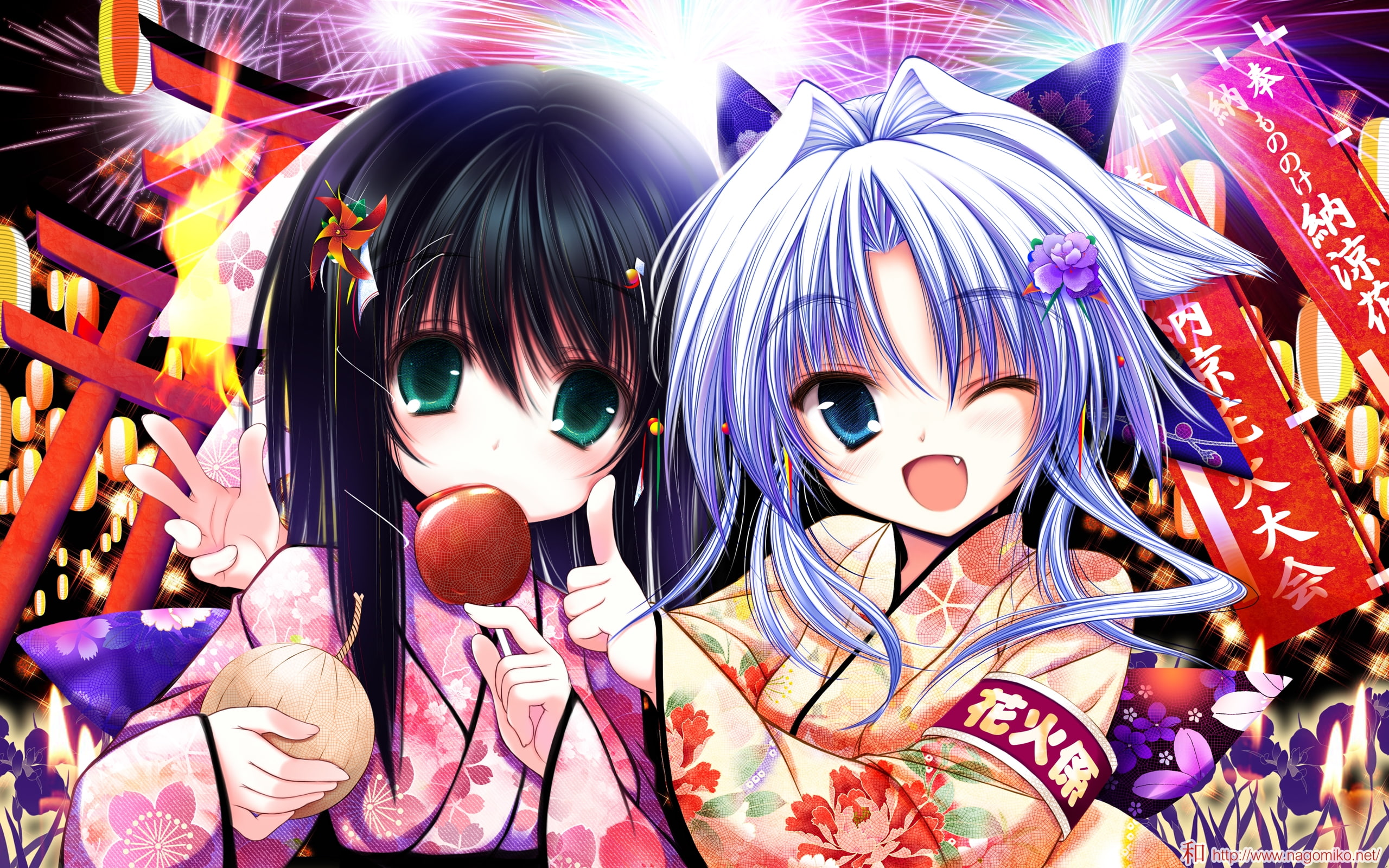 Anime girls, loli, festival, kimono, fireworks, Anime, HD