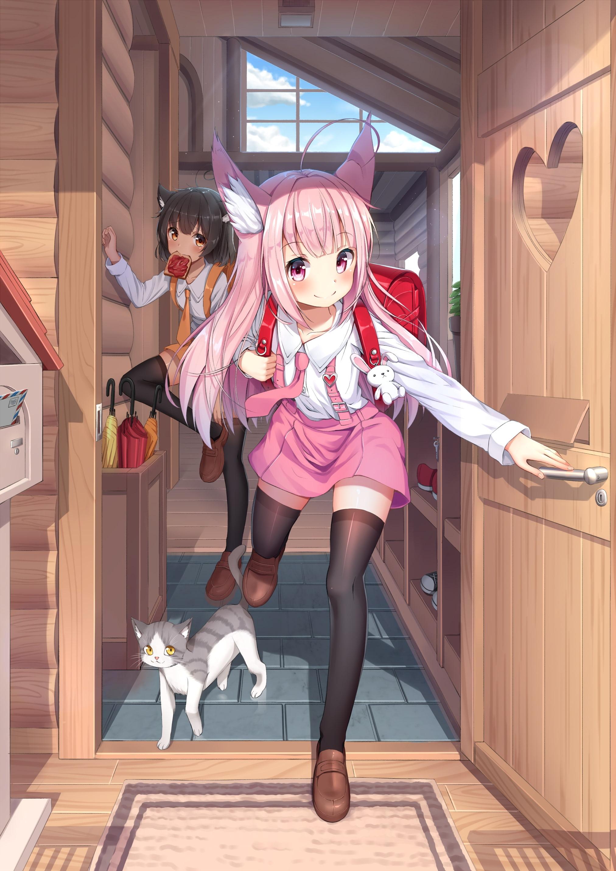 Anime girls, animal ears, cat, house, loli, pink hair, Anime, HD