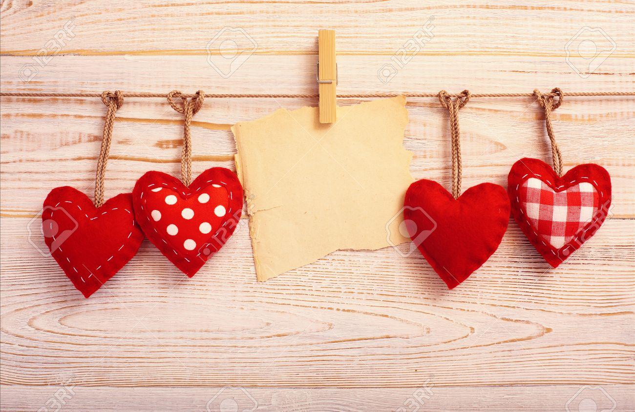 Valentines Vintage Handmade Hearts Over Wooden Stock Image