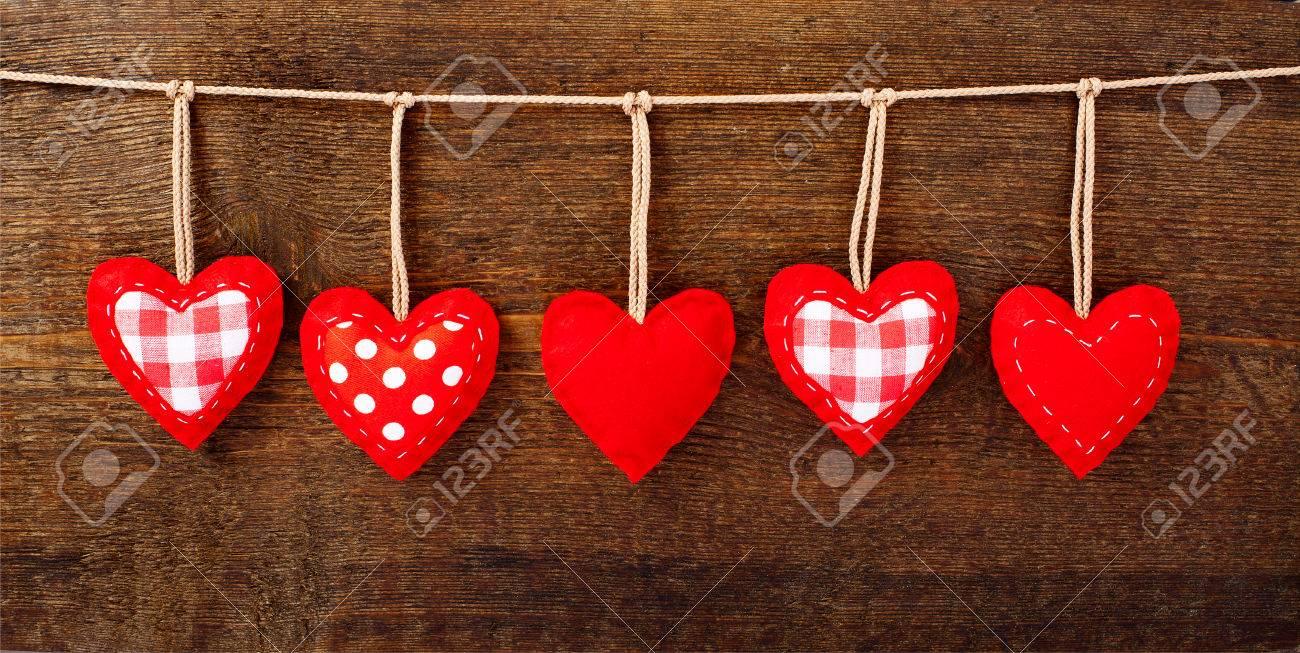 Valentines Vintage Handmade Hearts Over Wooden Stock Image