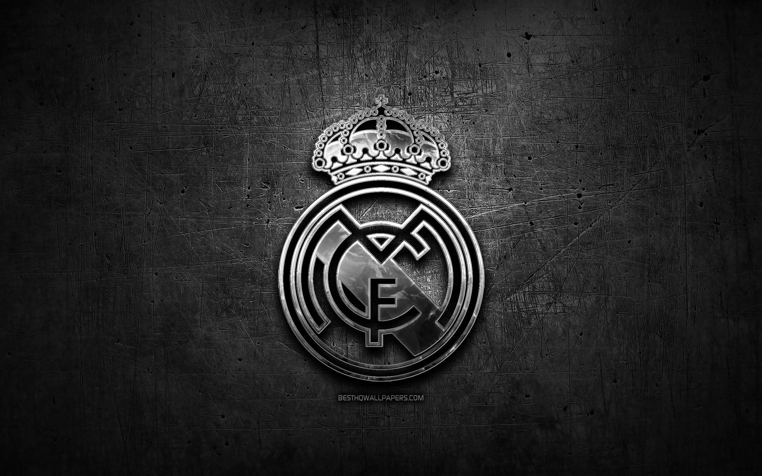 Download wallpaper Real Madrid CF, silver logo, LaLiga, black
