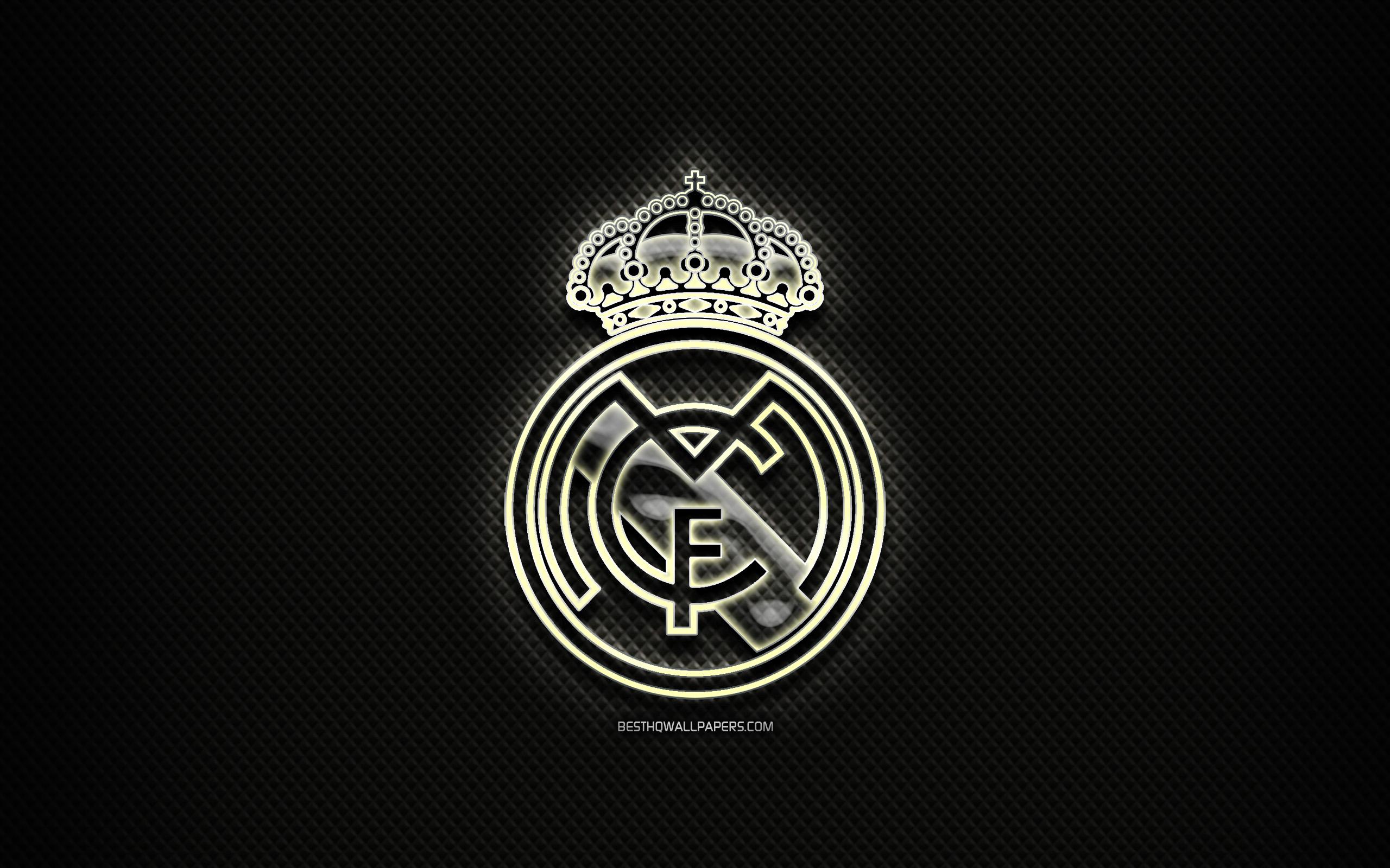 Download wallpaper Real Madrid CF, glass logo, black rhombic