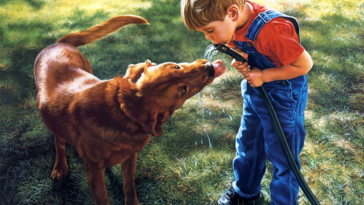 Boy painting dog friend picture positive wallpaperx1080