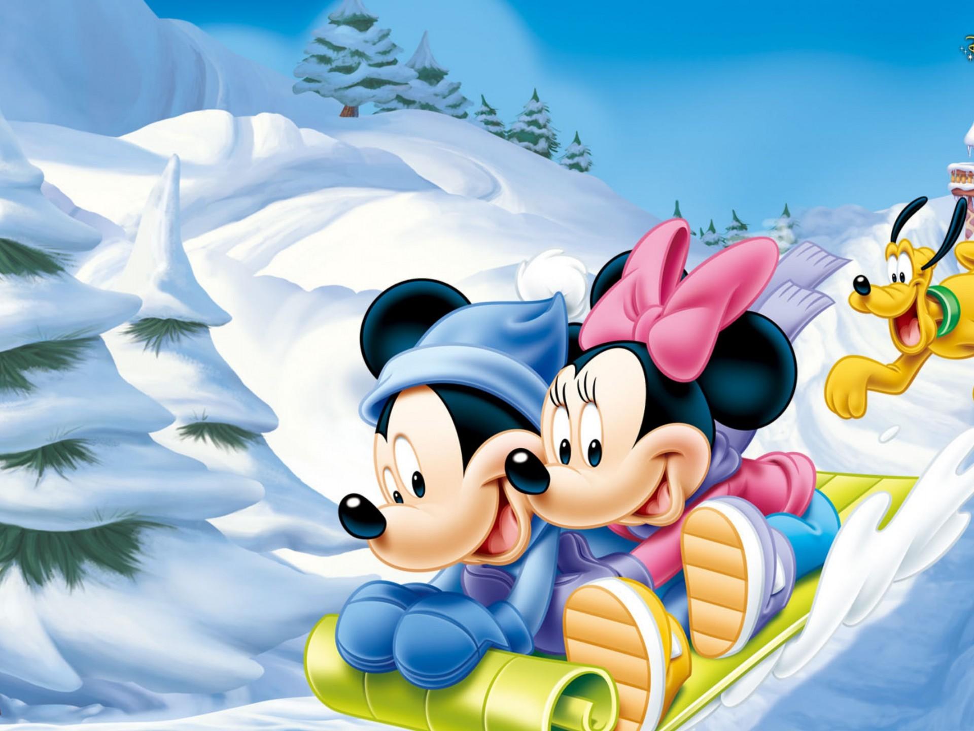 Mickey Mouse And Minnie Mouse Snow Luge Winter Wallpaper HD