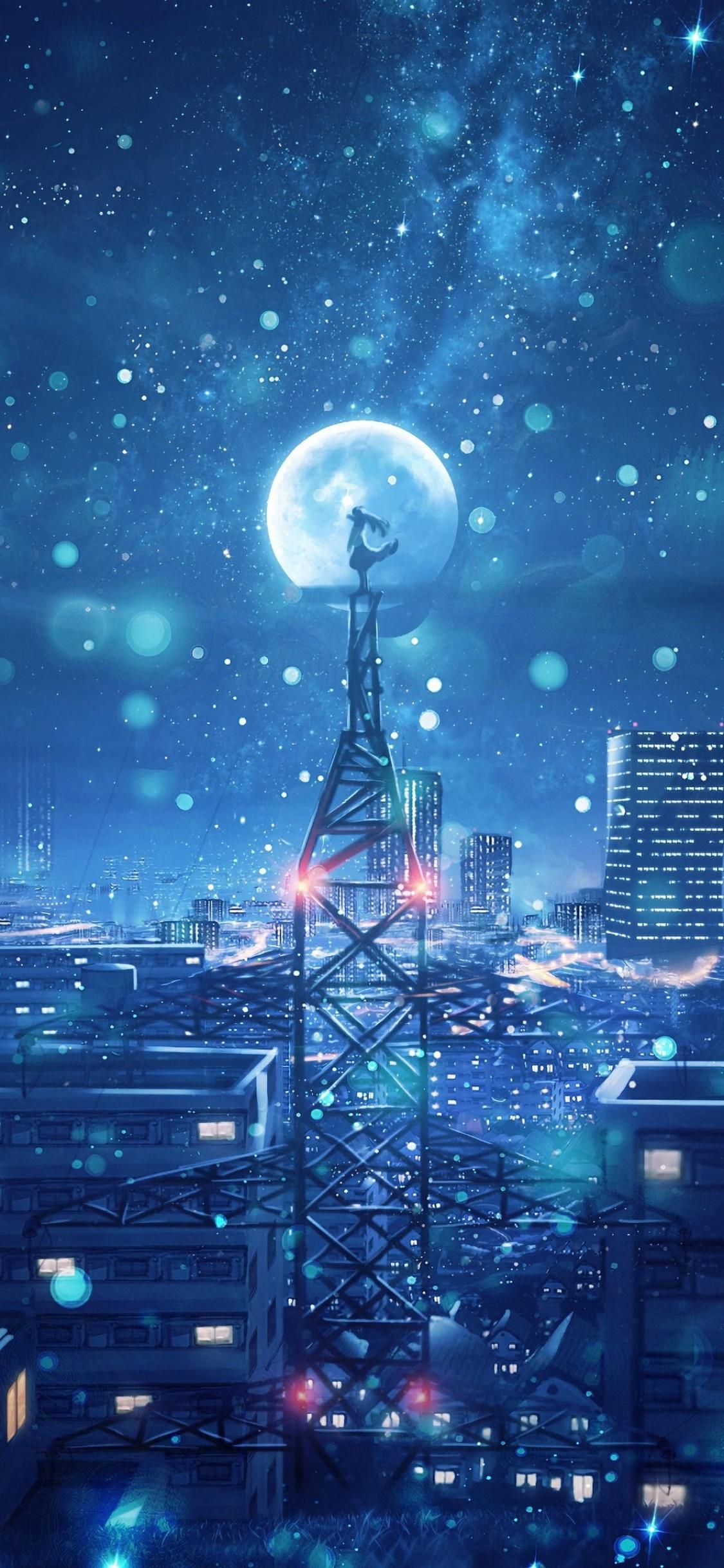 Blue Night Big Moon Anime Scenery 4k iPhone XS, iPhone 10