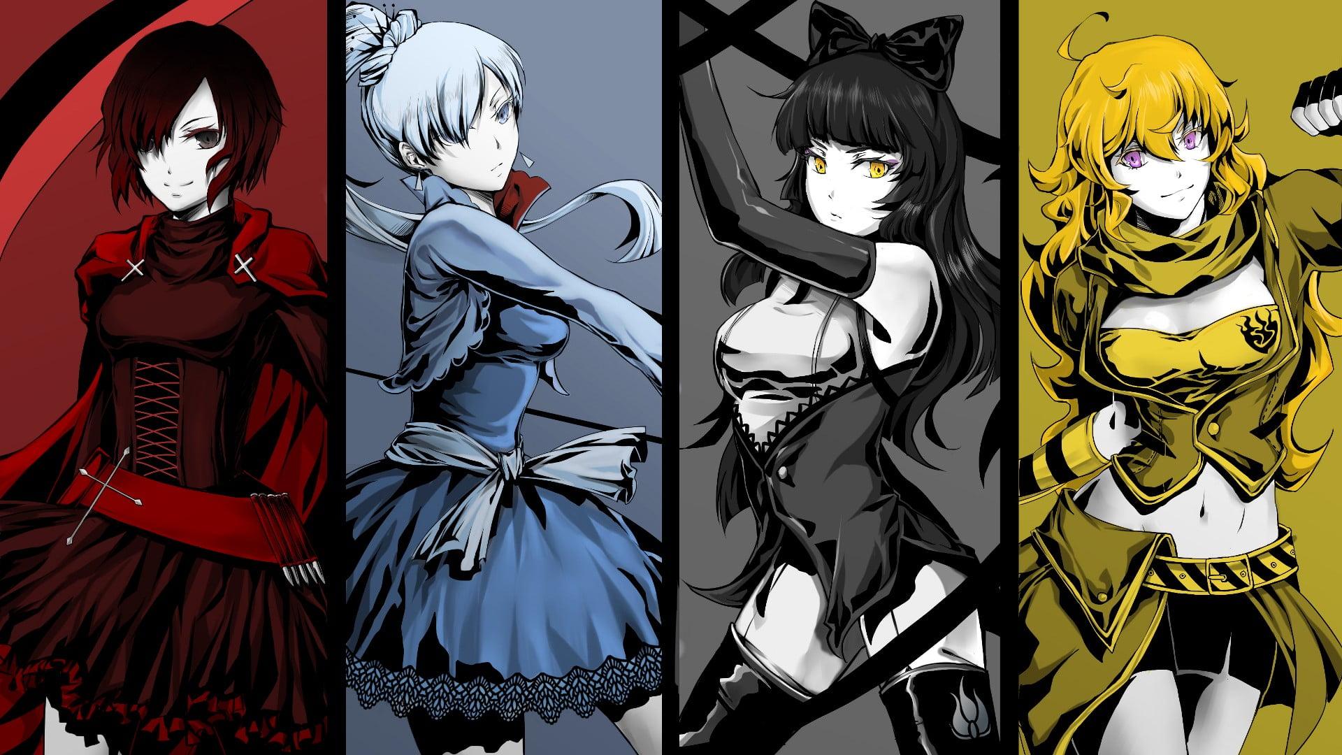 Four female anime characters digital wallpaper, anime, RWBY, Ruby