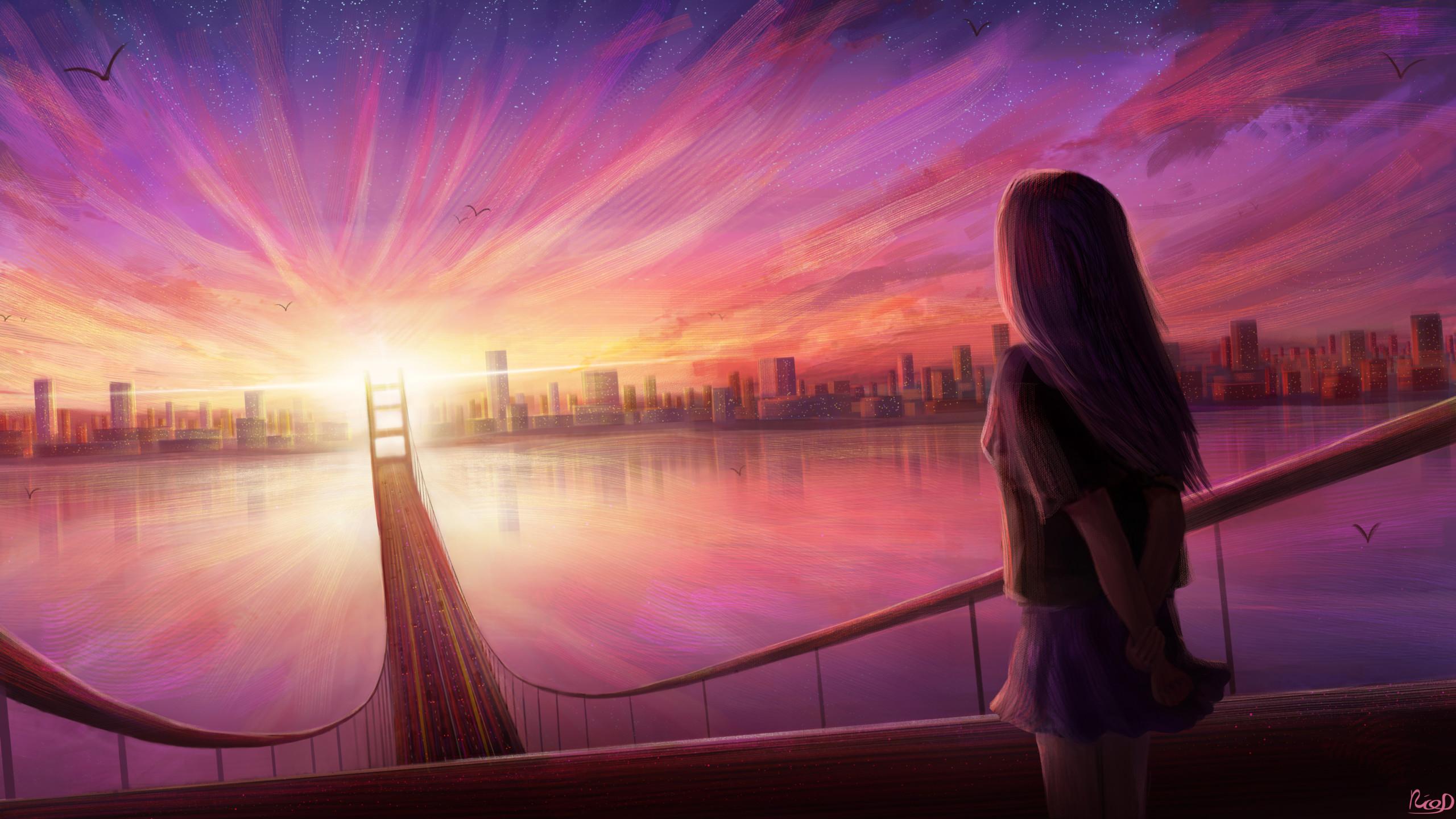 Girl Bridge Cityscape Digital Art 4k 1440P Resolution HD