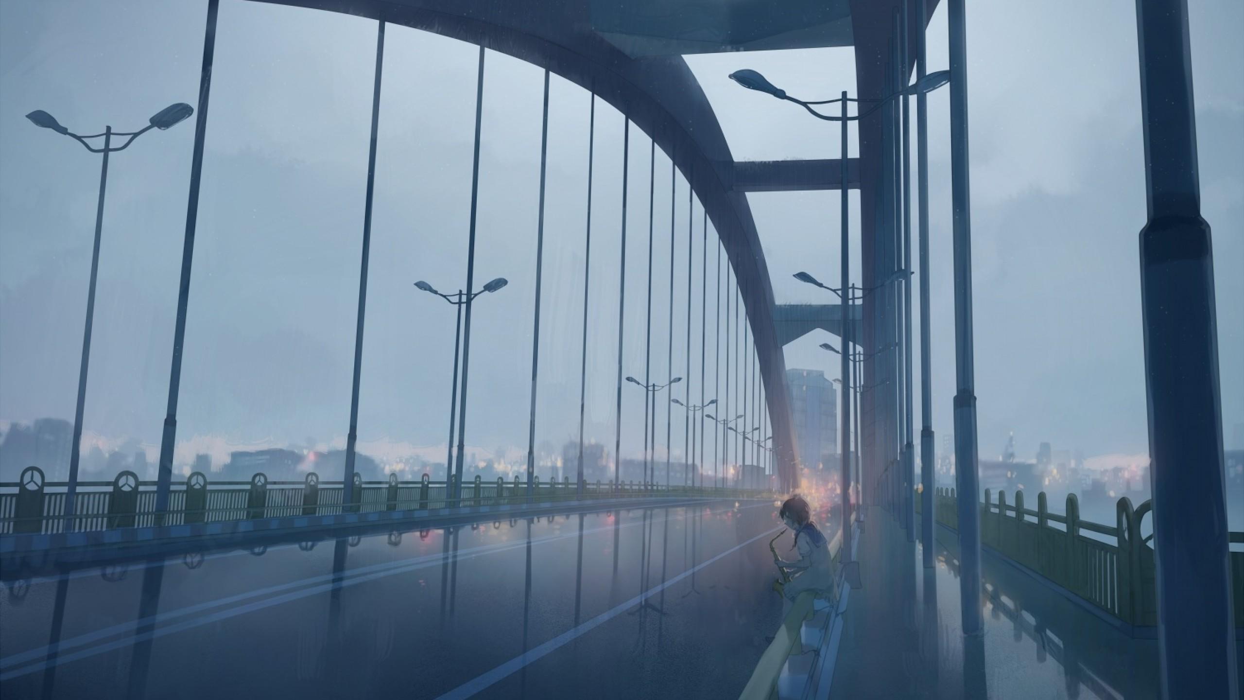 Download 2560x1440 Anime Girl, Bridge, Road, Reflection, Saxophone