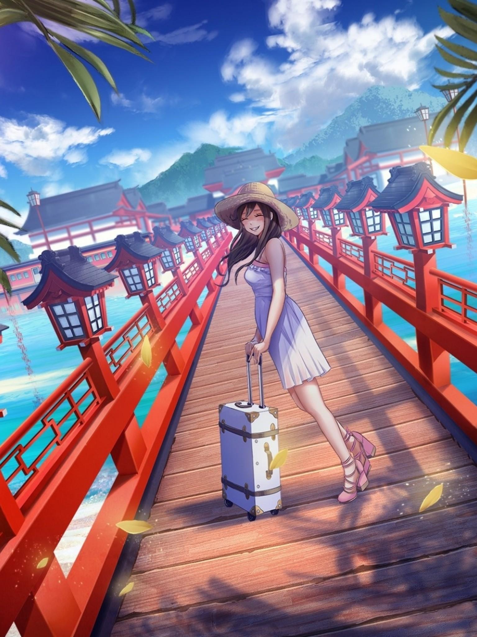 Download 1536x2048 Anime Girl, Bridge, Trip, Holiday, Vacation