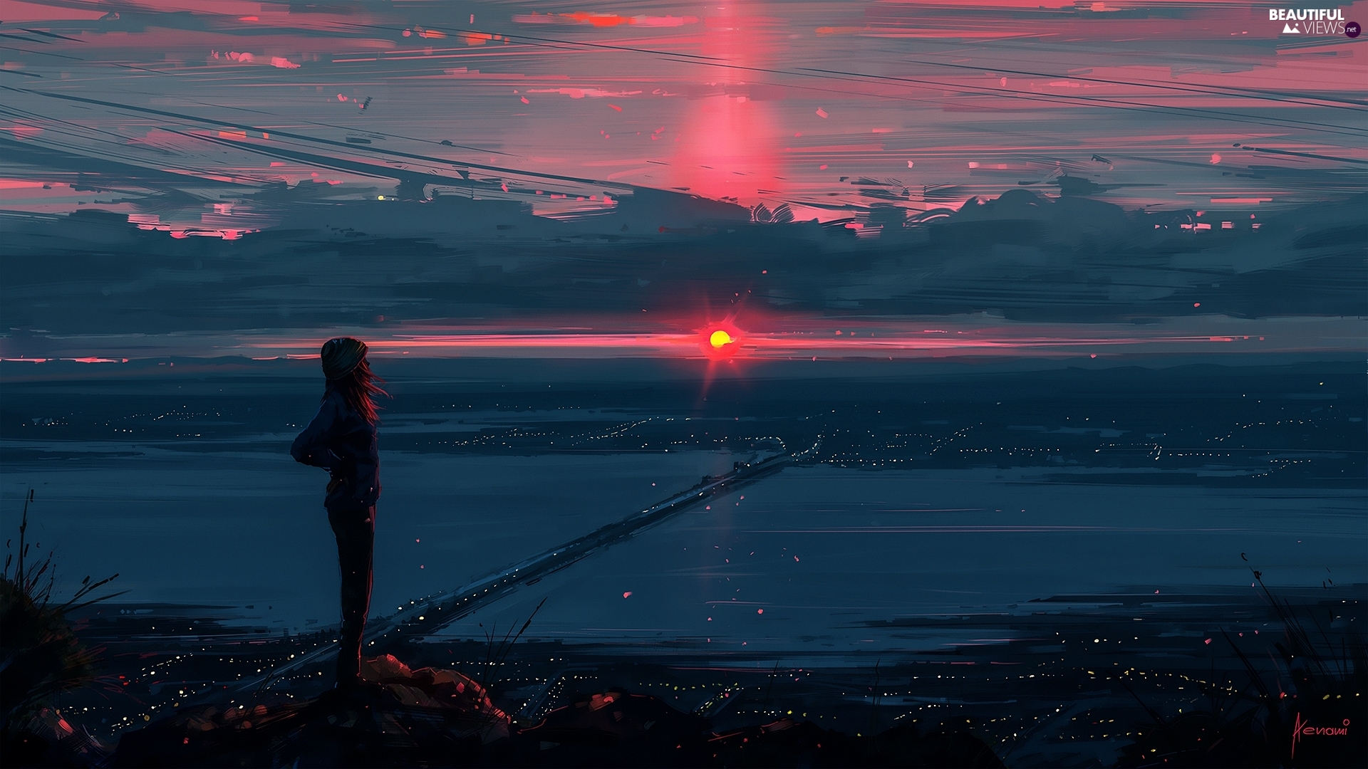 River, Great Sunsets, girl, bridge, Digital Art views