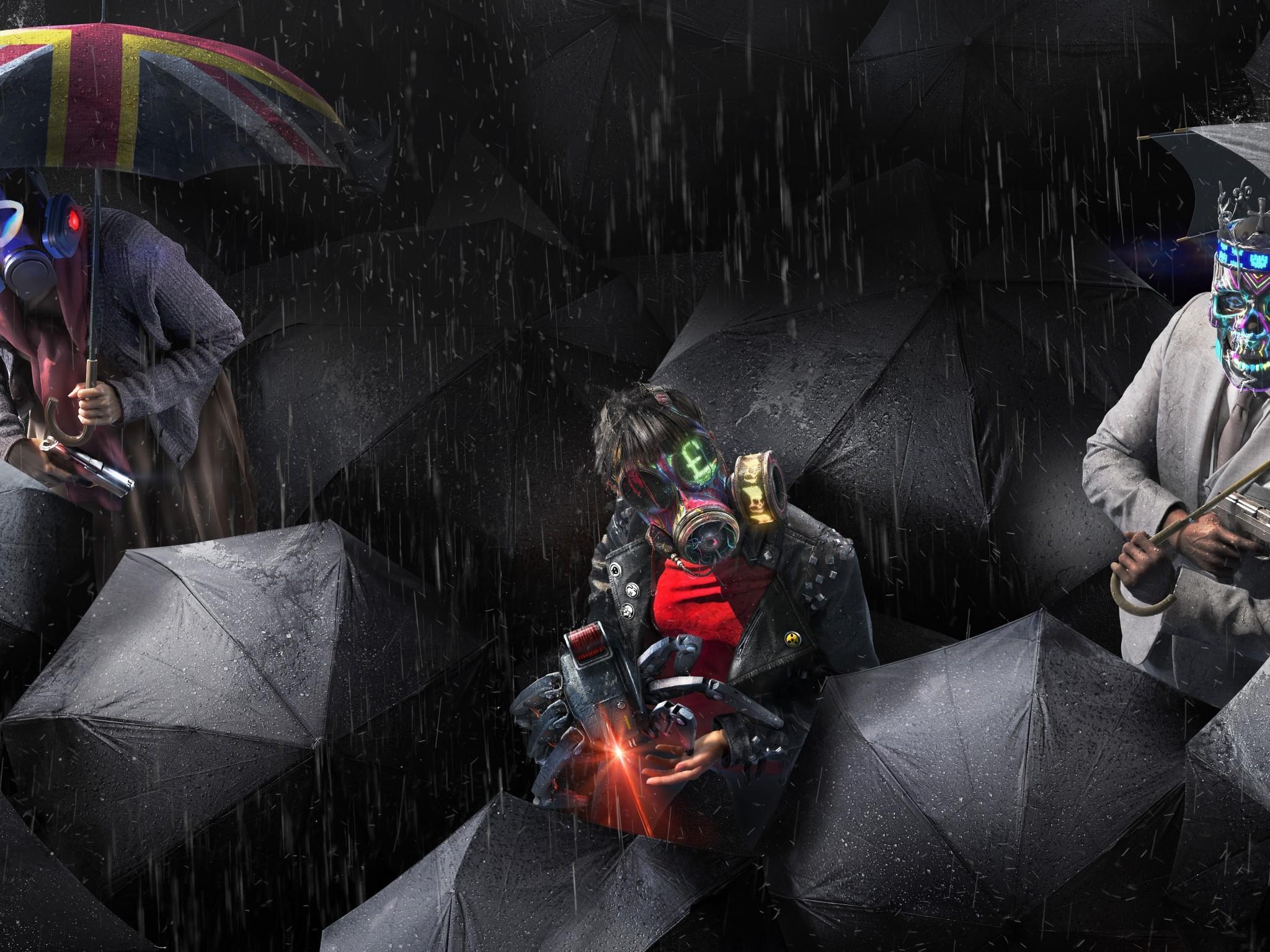 Download 2048x1536 Watch Dogs: Legion, Black Umbrella, Raining