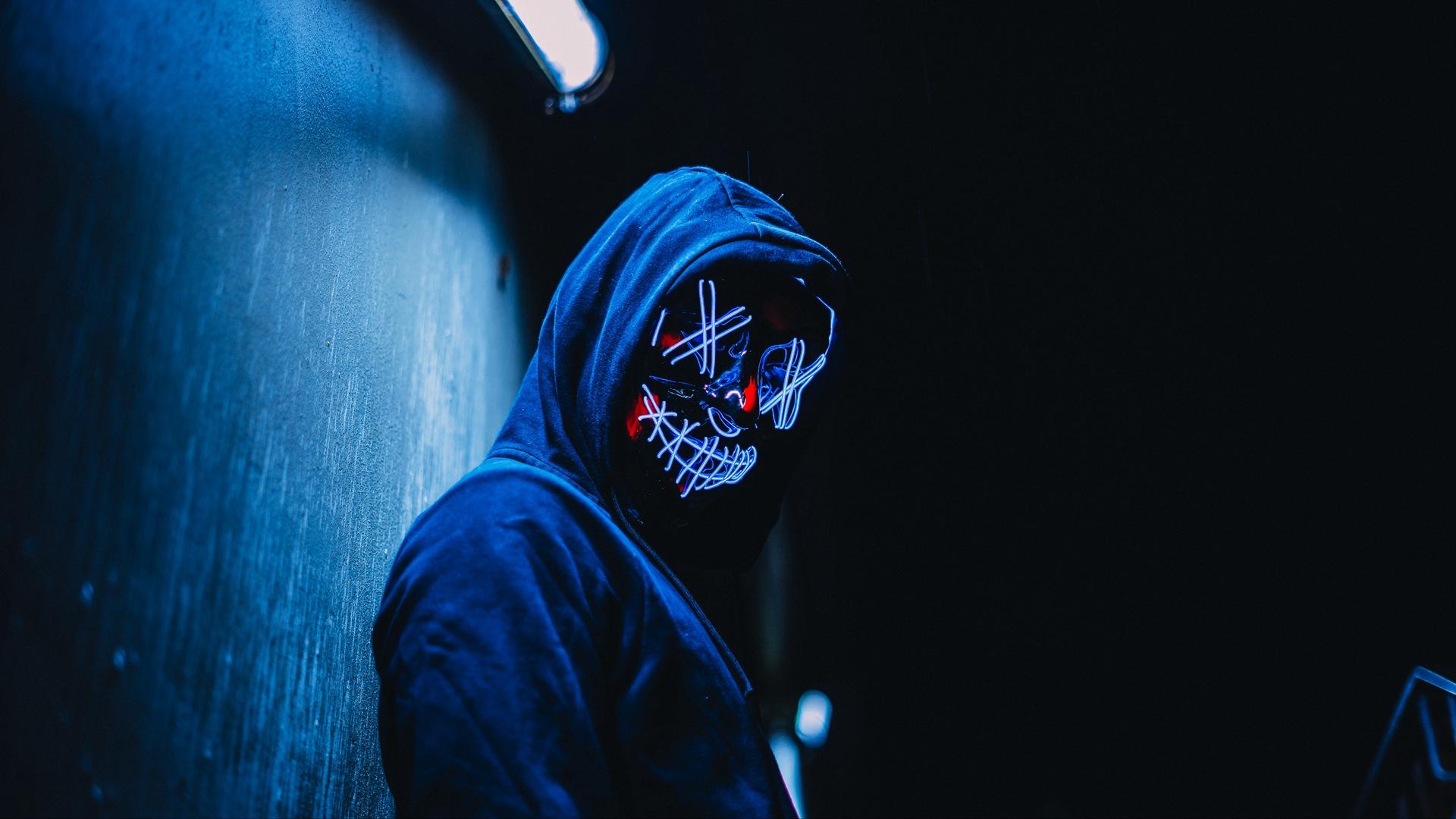 Download wallpaper 1920x1080 mask, anonymous, hood, glow, dark