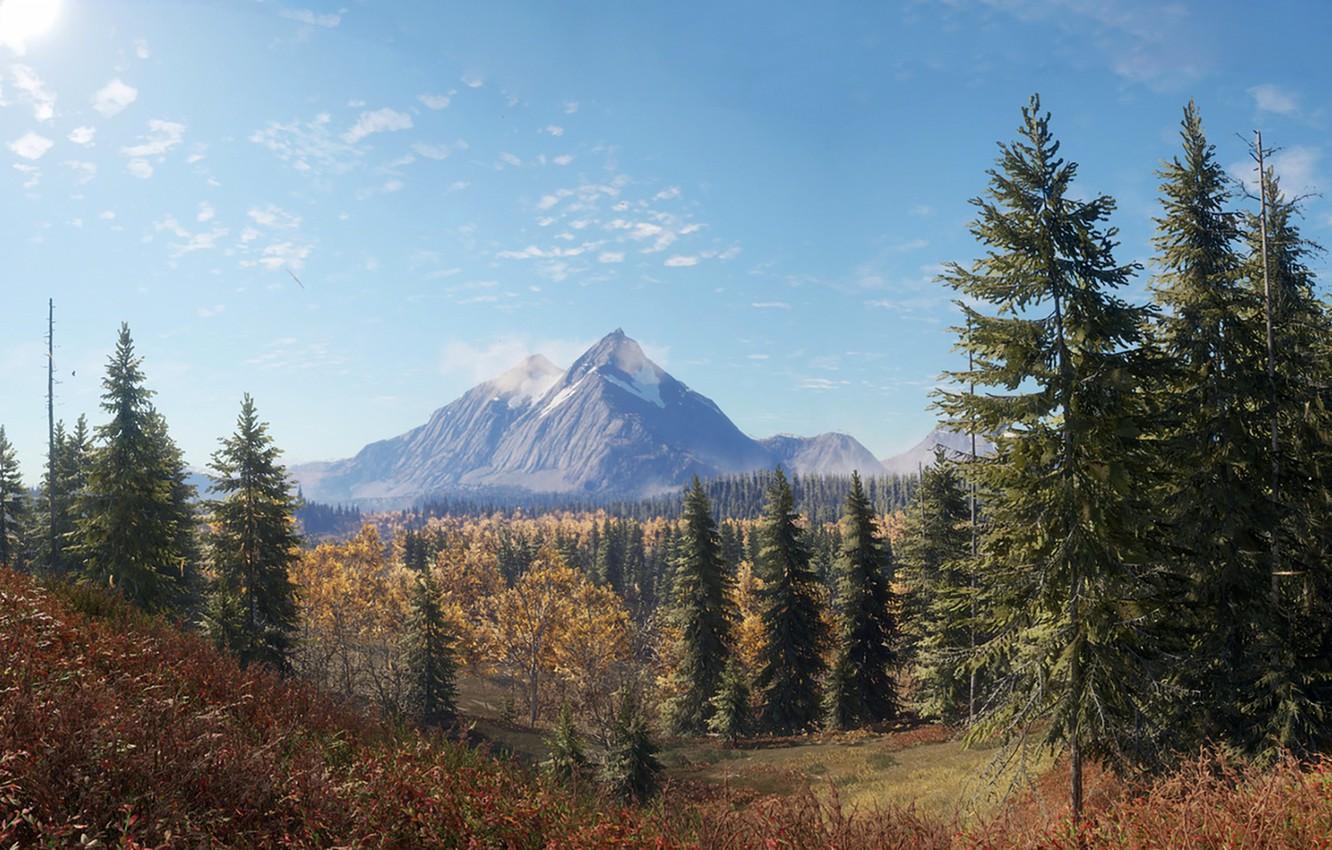 Wallpaper The sky, Nature, Mountains, The game, Autumn, Trees, Forest, Spruce, Art, Hunter, Hunting, theHunter™: Call of the Wild image for desktop, section игры