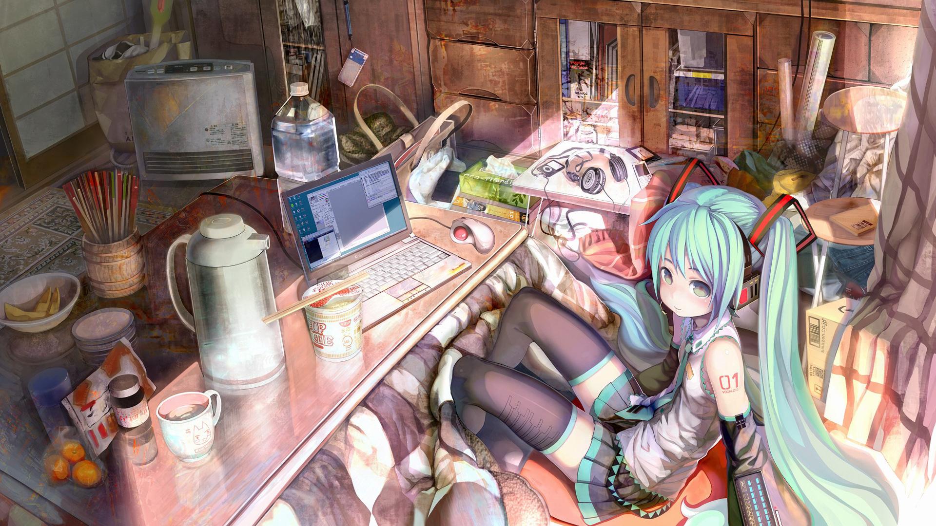 Hatsune Mikus Room HD Wallpaper Girls With Computers Wallpaper & Background Download