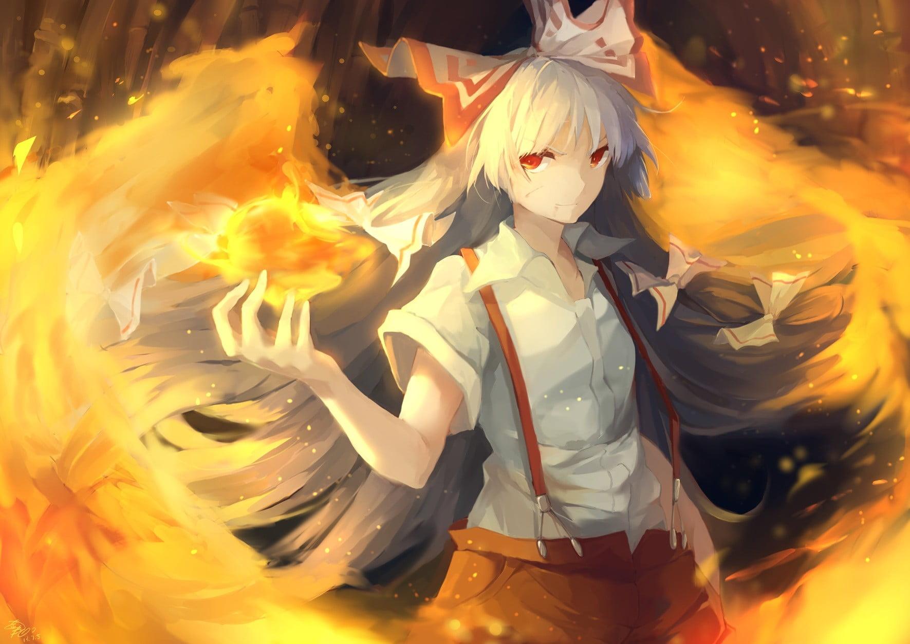Male anime character digital wallpaper, bow, fire, Fujiwara no