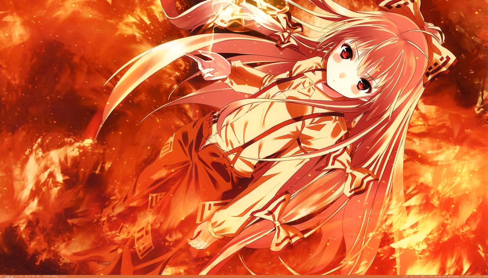 Touhou, fire, Fujiwara No Mokou, anime wallpaper