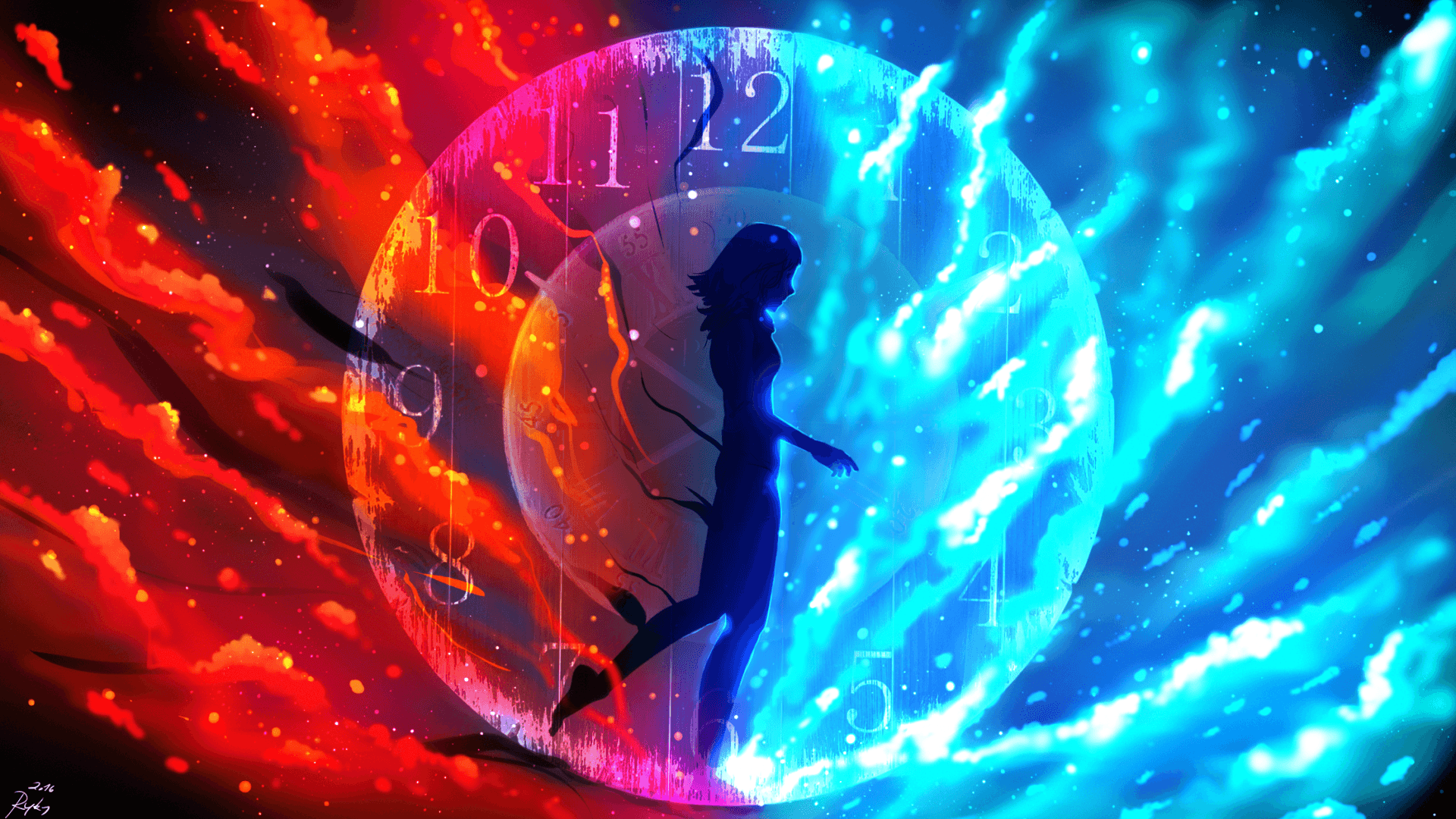 Download 1920x1080 As The Time Passes By, Anime Girl, Clock, Fire