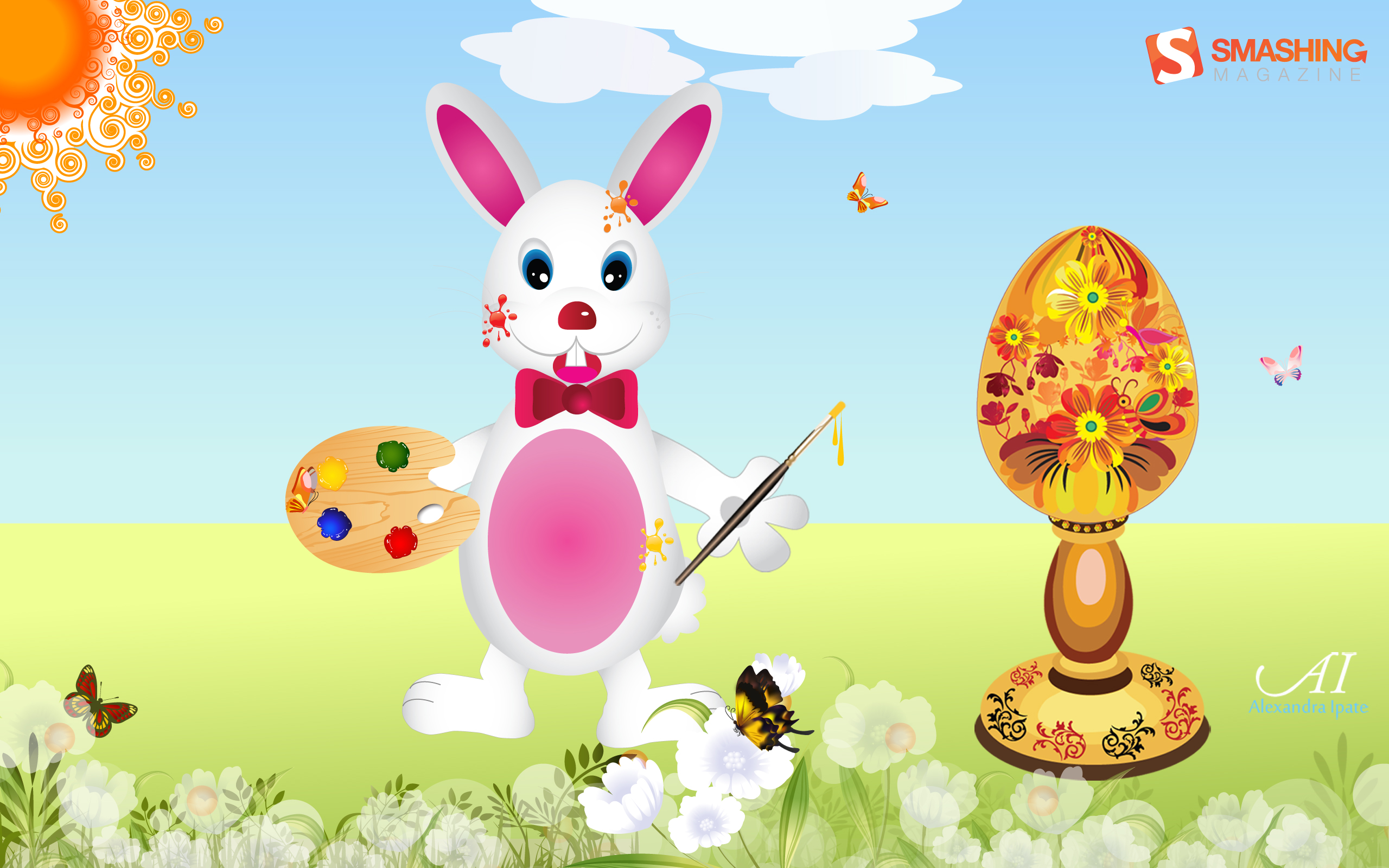 Joyful Easter Wallpaper ? Funny Bunnies And Painted Eggs