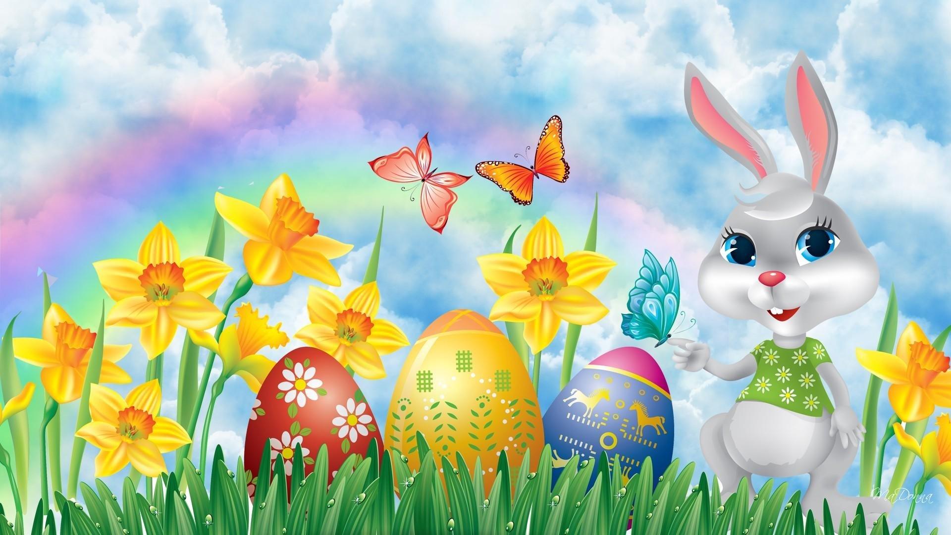 Easter Bunny, Easter Eggs, and Daffodils HD Wallpaper. Background