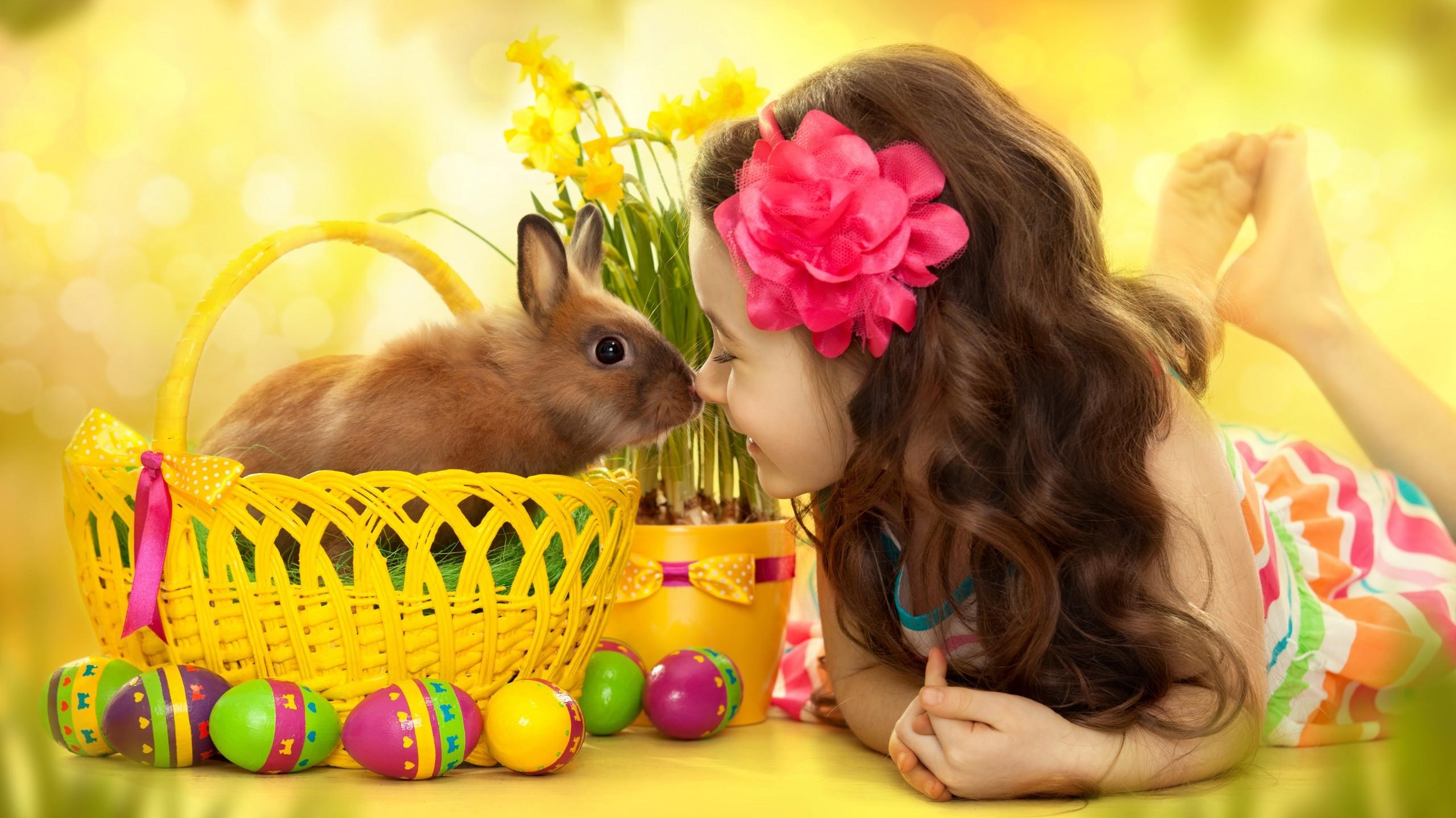 Wallpaper Easter Eggs, Easter Bunny, Cute girl, HD, Celebrations