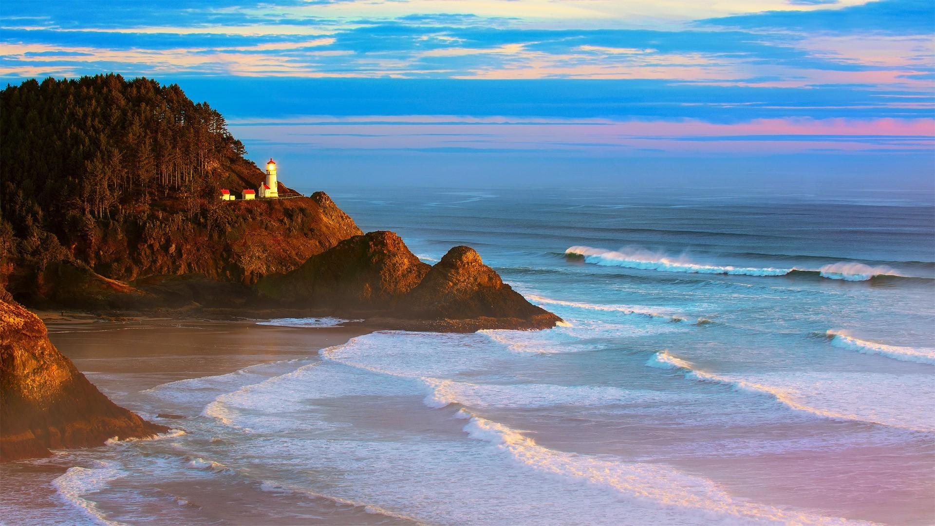 coast, Beach, Waves, Lighthouse, Oregon, Landscape Wallpaper HD