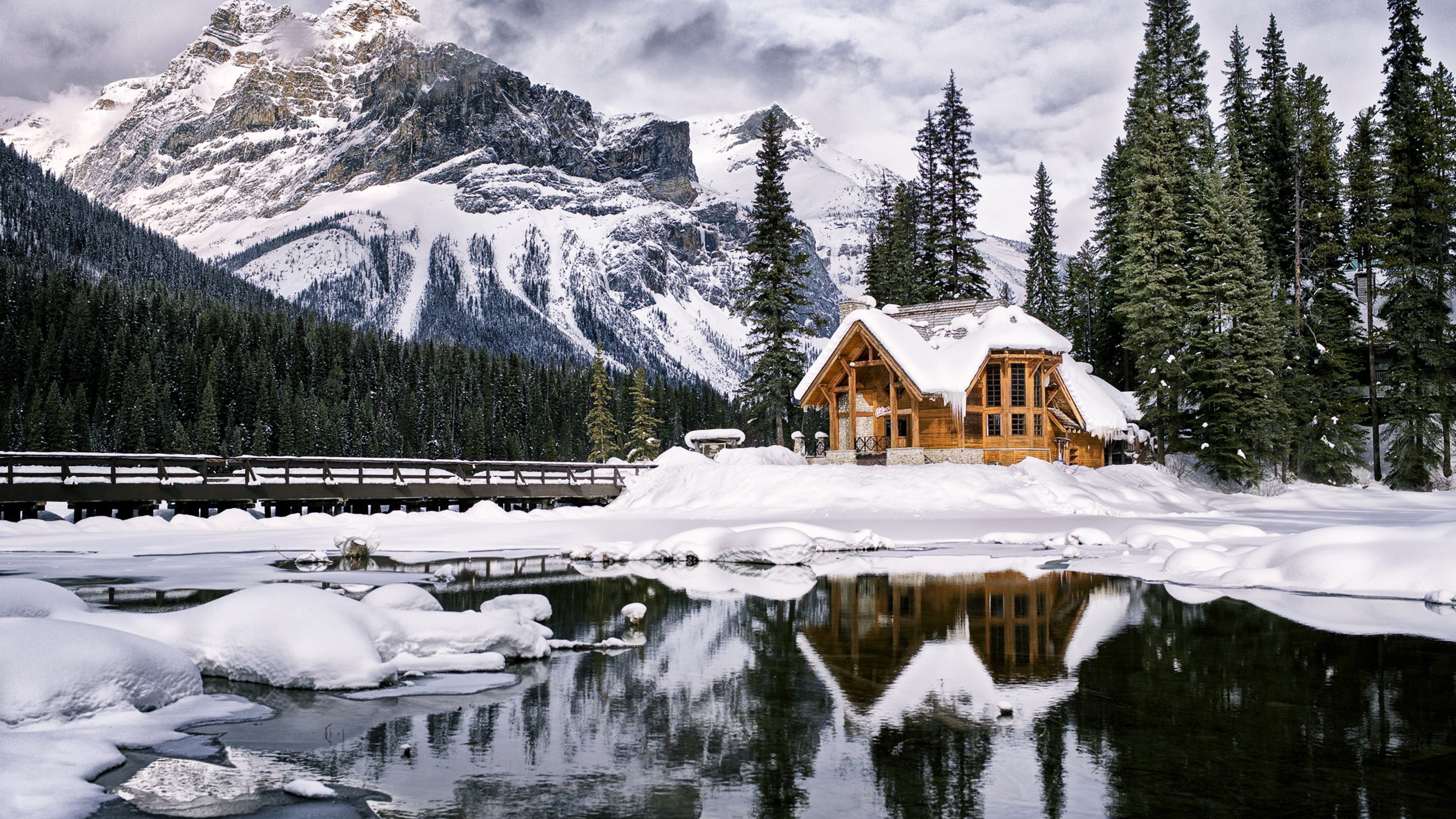 Wallpaper mountains, house, lake, trees, winter, 4k, Nature