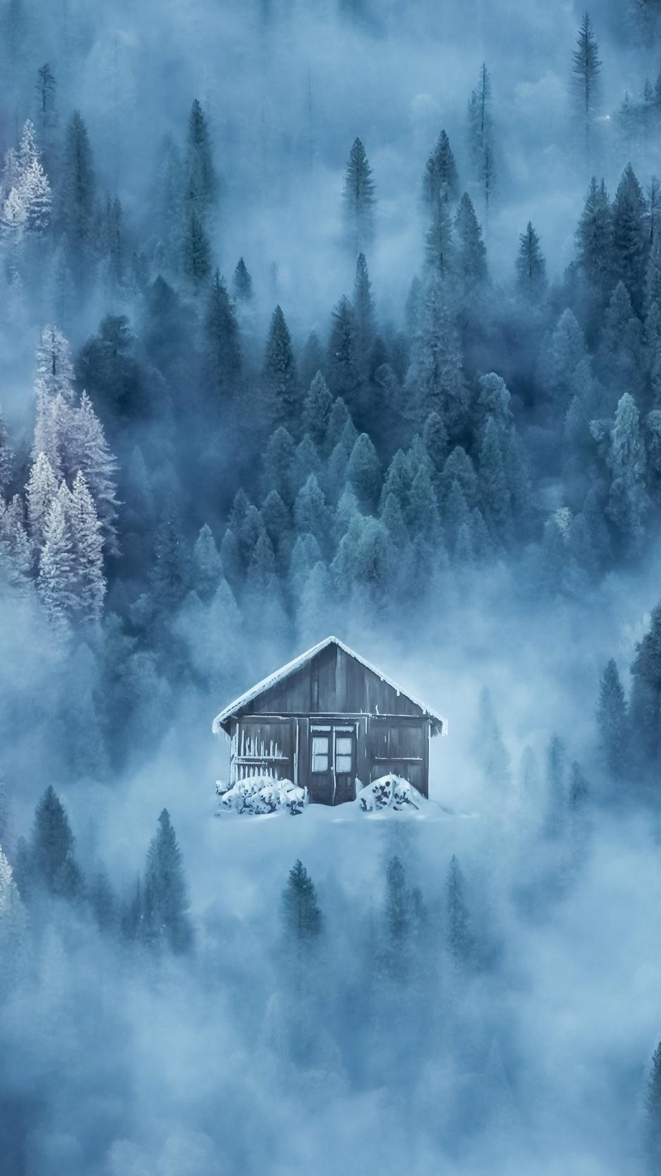 Download wallpaper 938x1668 house, fog, snow, winter, forest