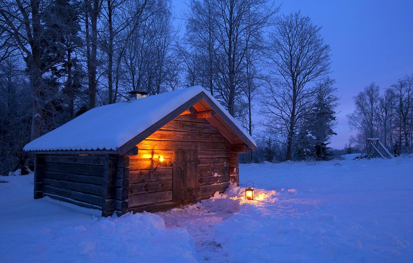 Wallpaper winter, forest, light, snow, trees, night, house