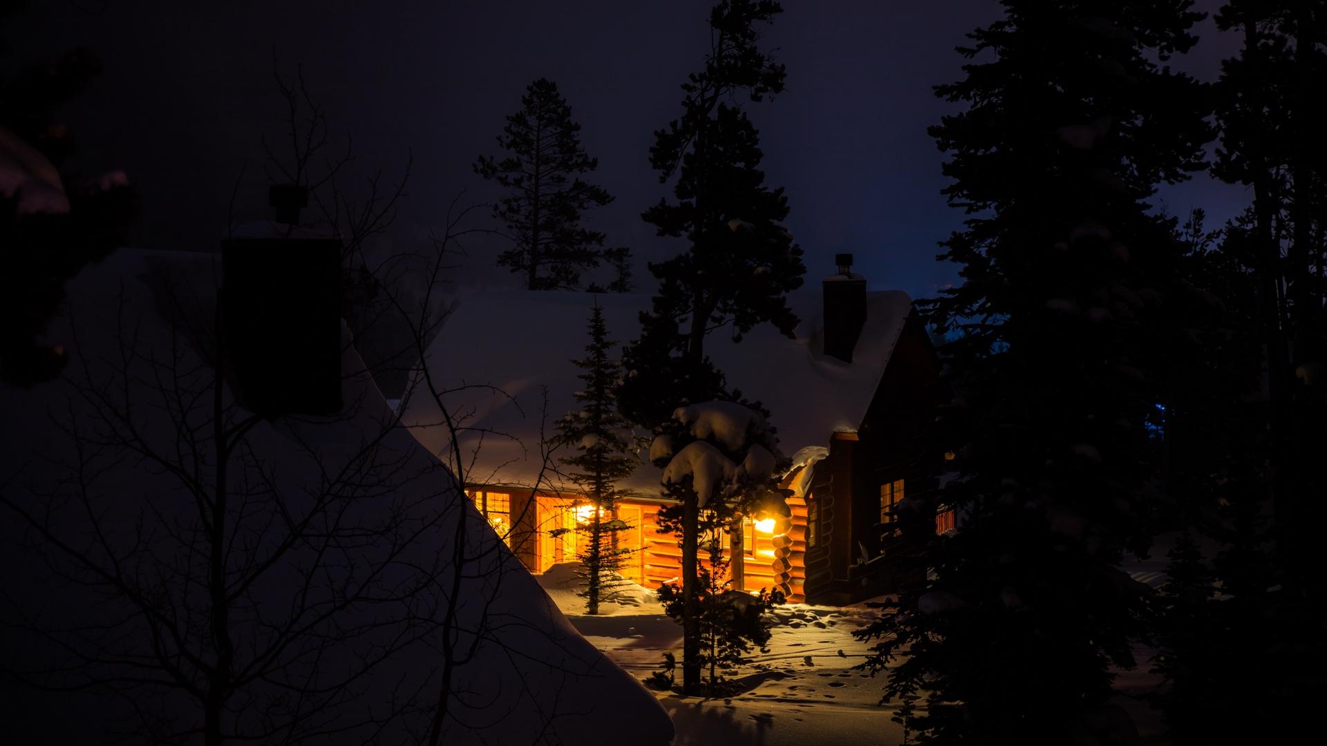 Download wallpaper 1920x1080 house, night, forest, winter, snow