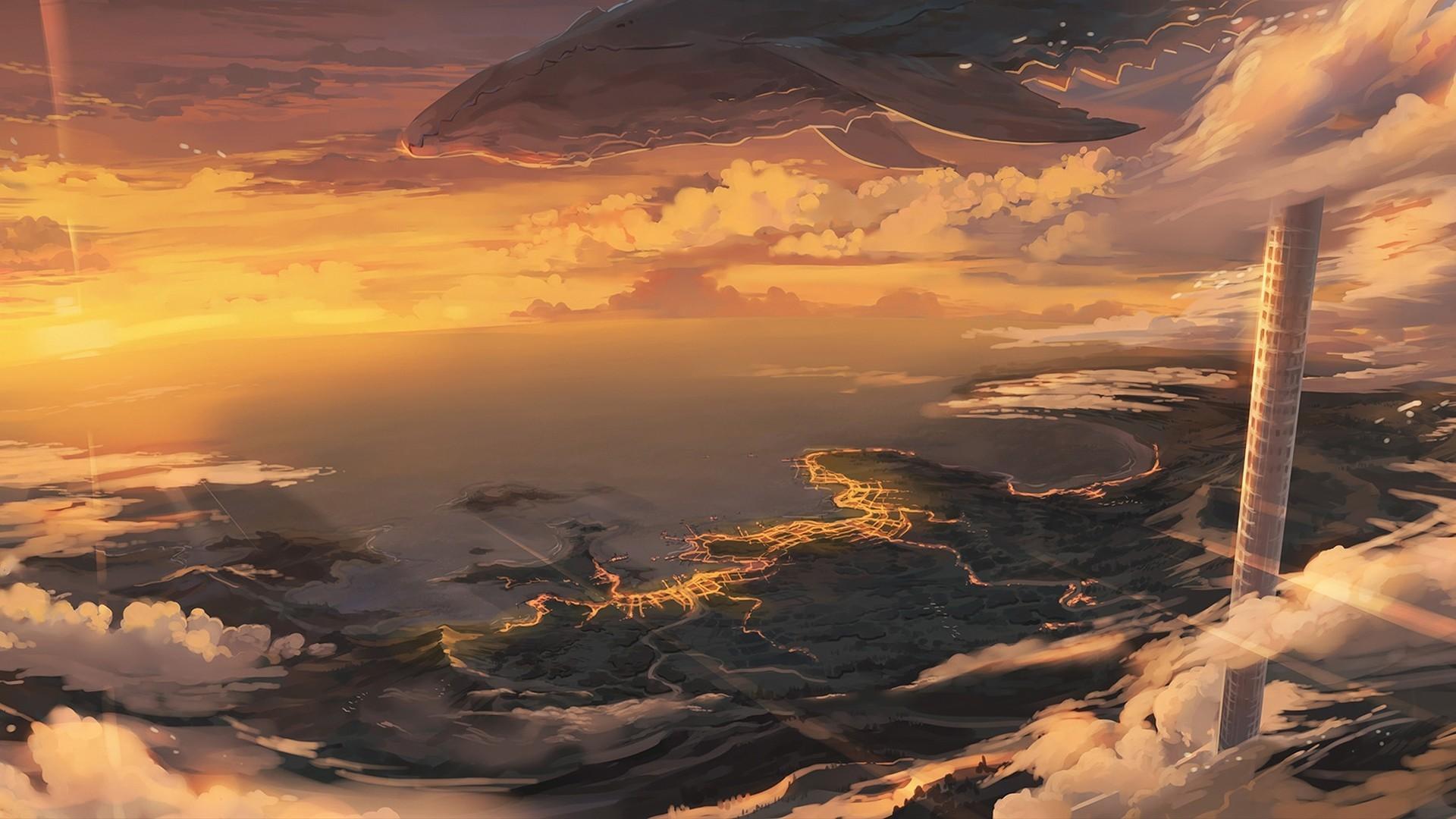 anime landscape wallpaper with the right lifted 3840x1080