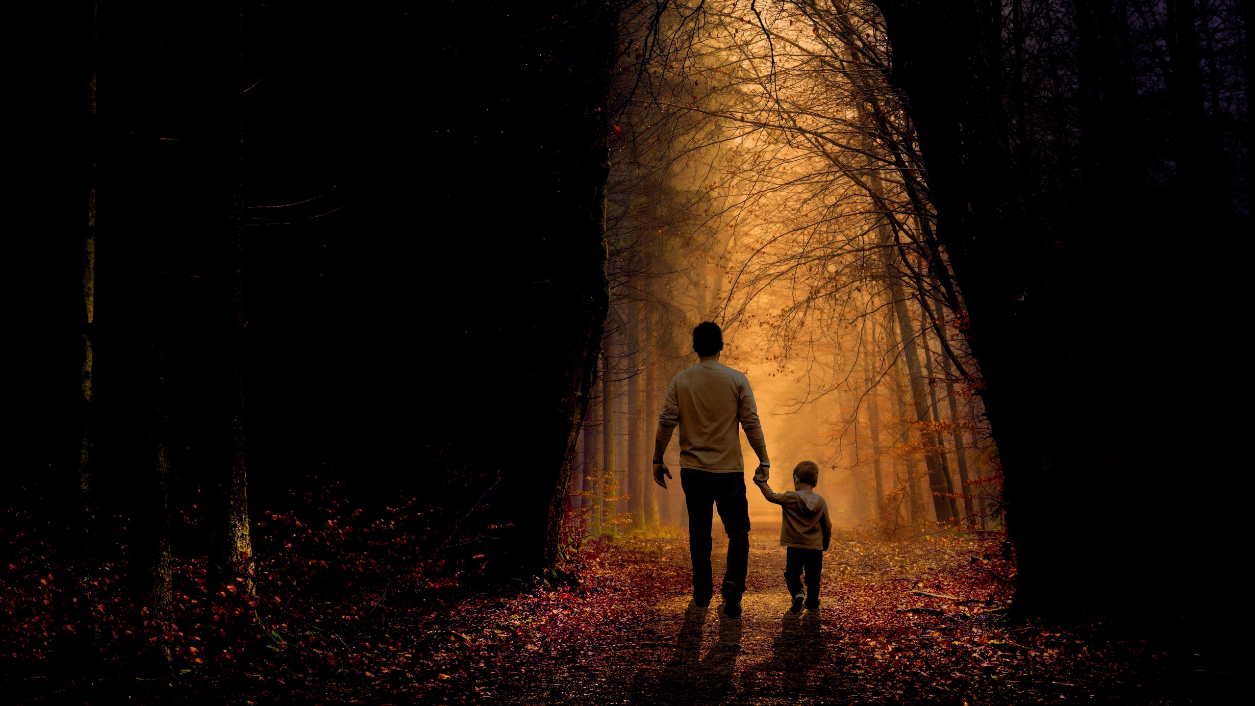 Download wallpaper 2560x1440 father, son, family, child, forest