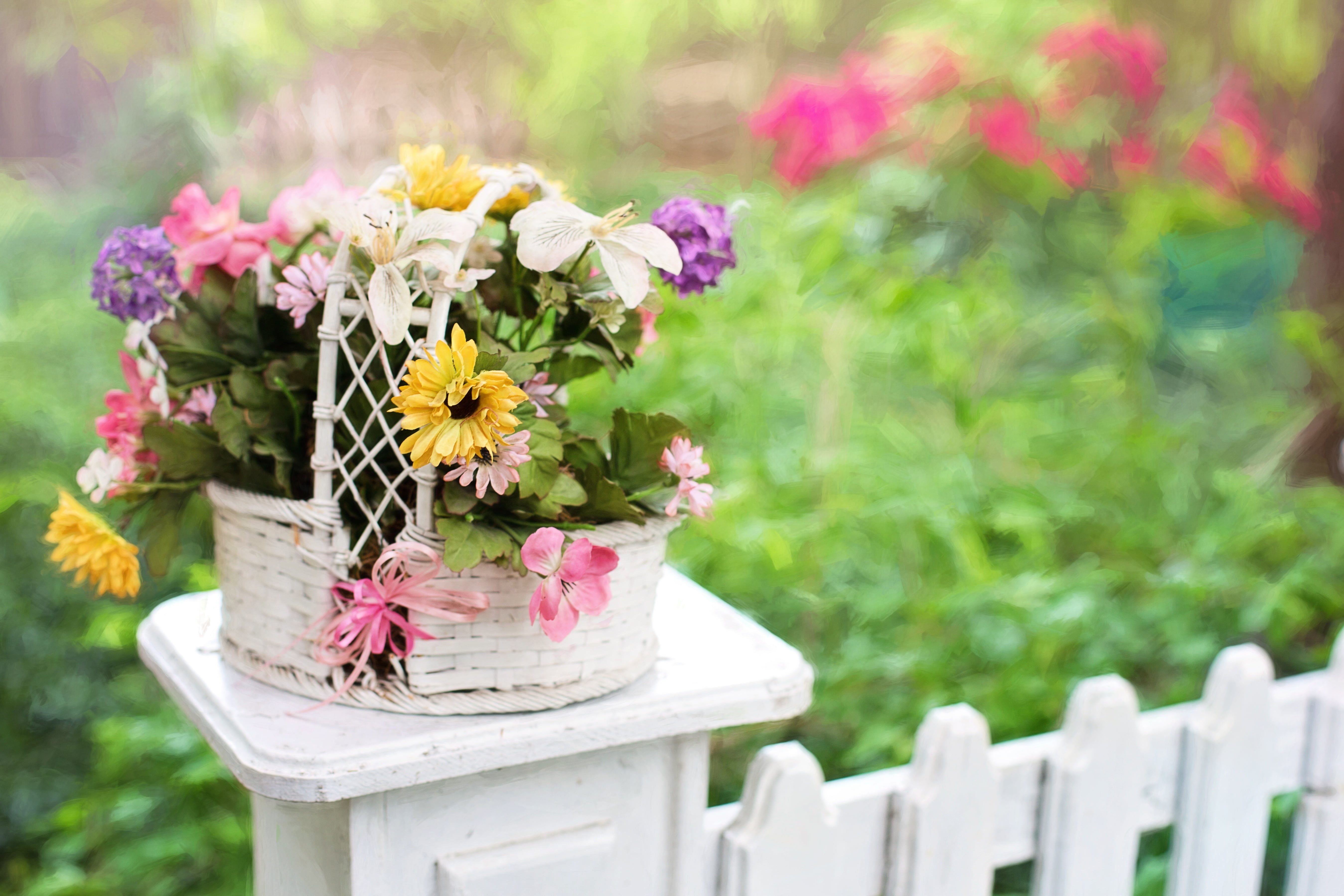 Selective focus photography of flowers in basket HD wallpaper
