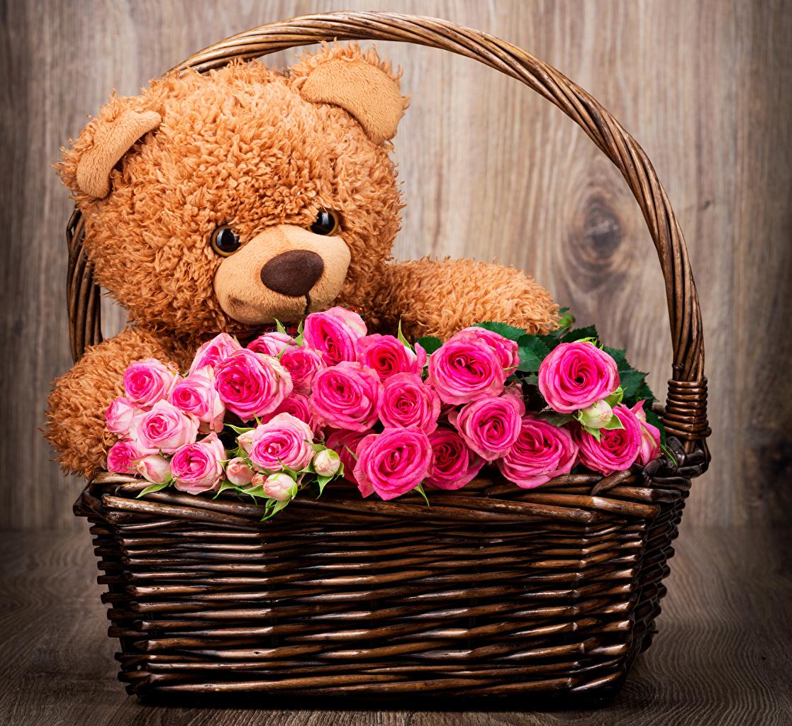 Photos Roses Pink color Flowers Teddy bear Wicker basket Toys