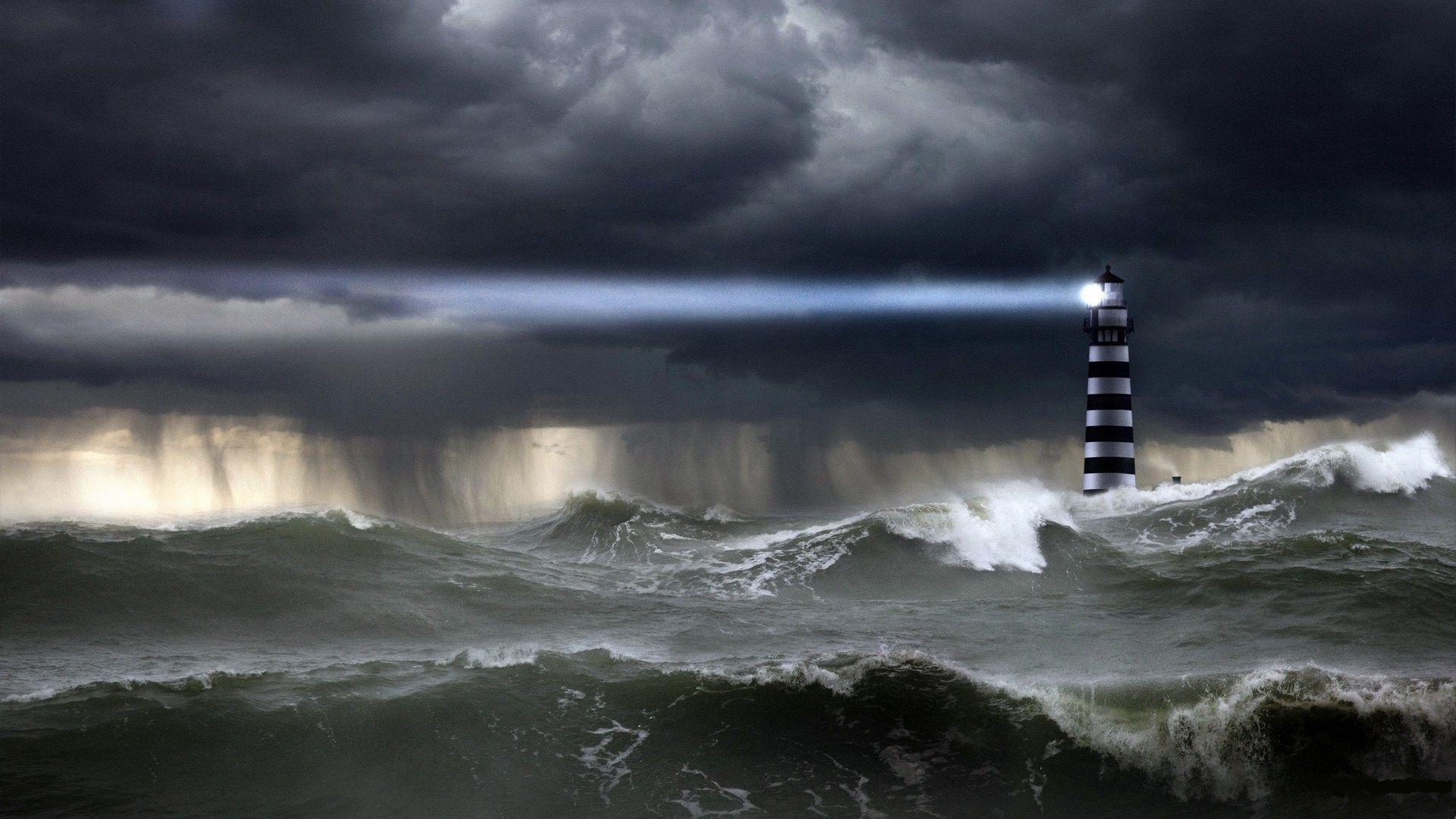 Stormy Seas with Lighthouse and Moon Picture. Lighthouse Shining